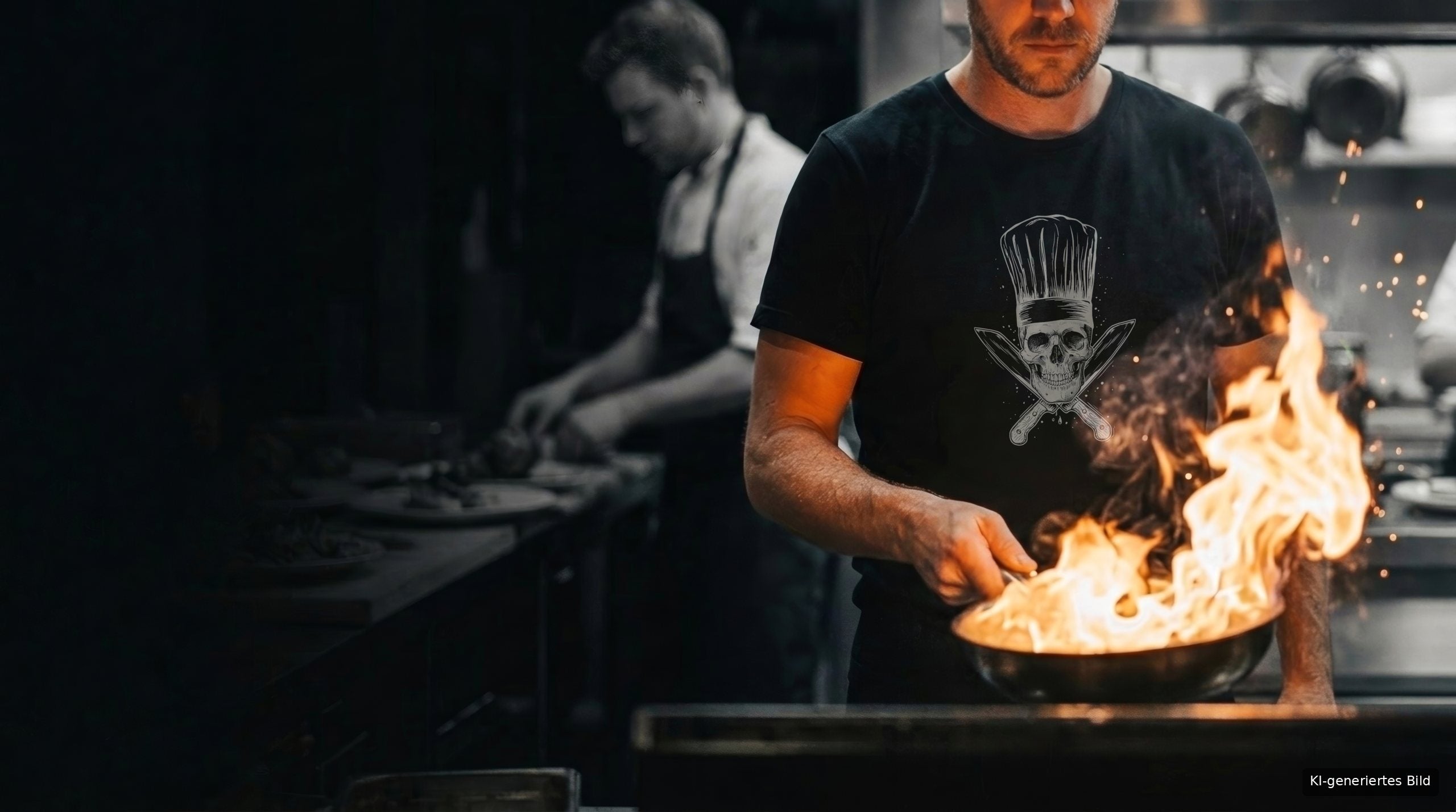 Zwei Köche in einer Profiküche beim Flambieren, KI-generiertes Bild