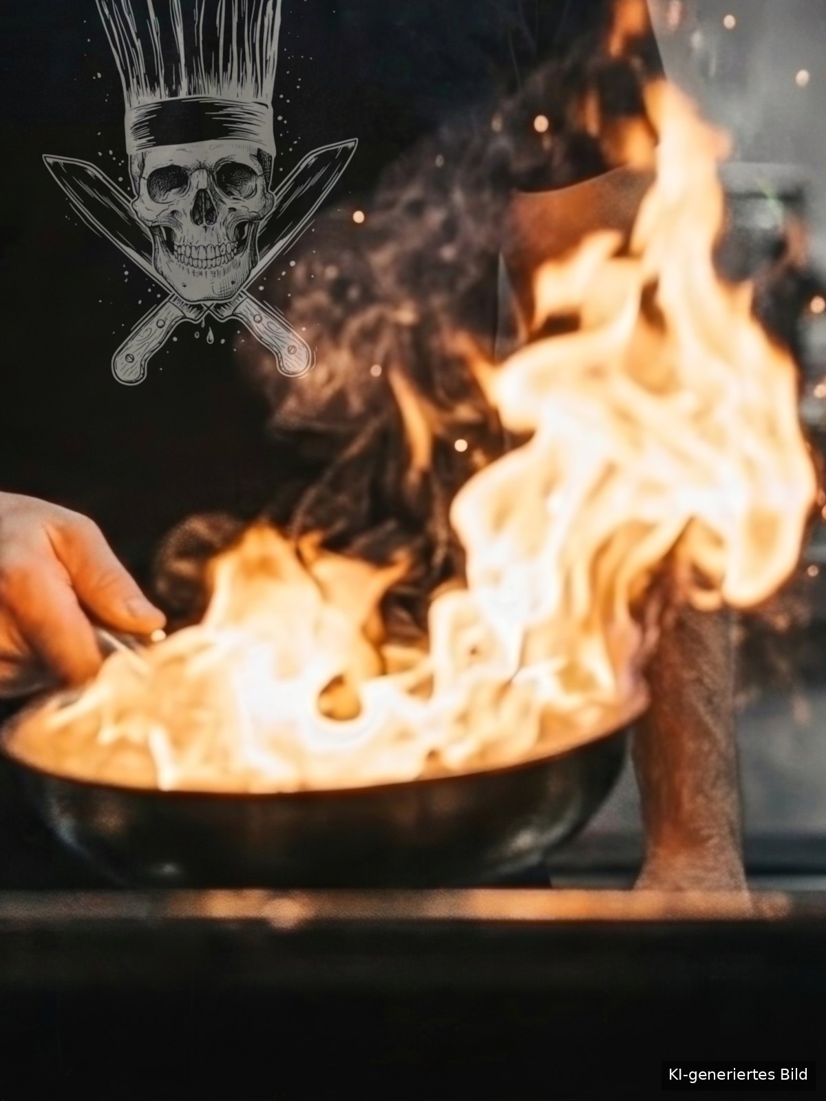 Flambierende Pfanne in einer Küche mit Küchen-Totenkopf-Motiv, KI-generiertes Bild