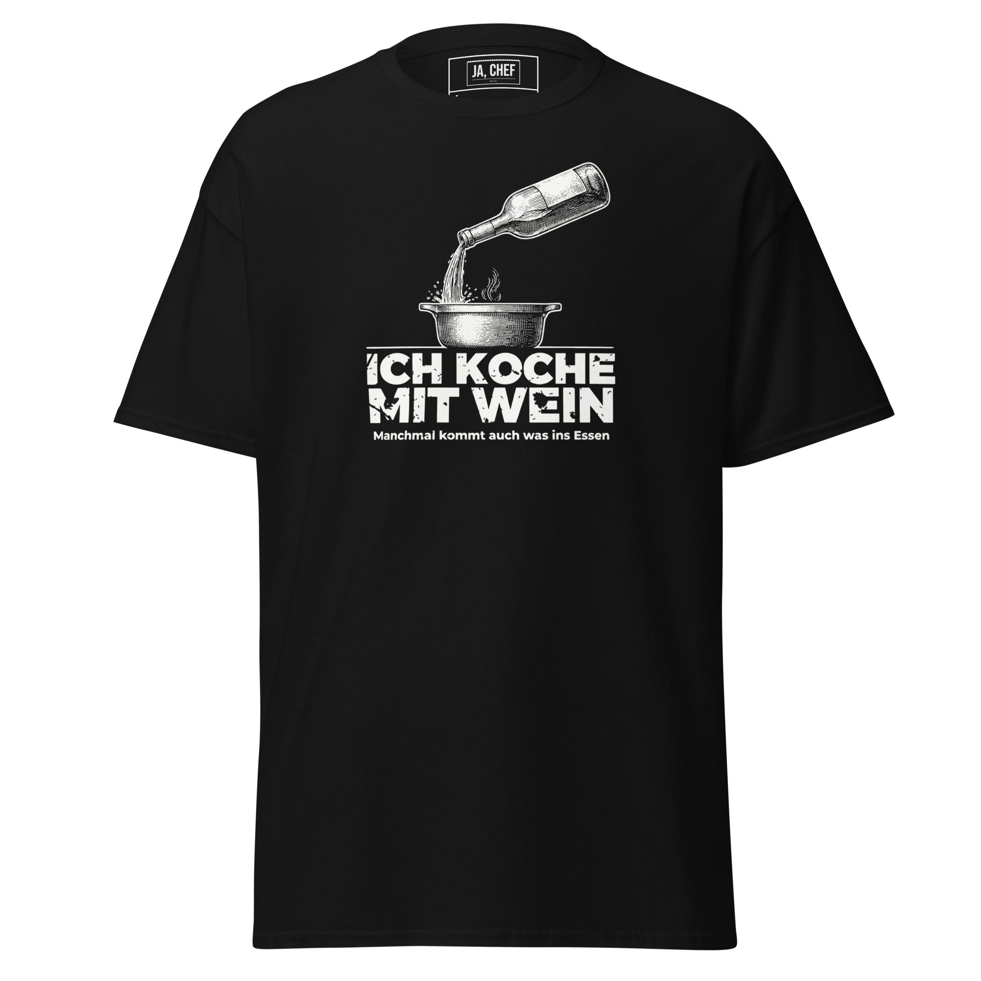 Koch-Shirt Ich koche mit Wein in Schwarz, Vorderansicht
