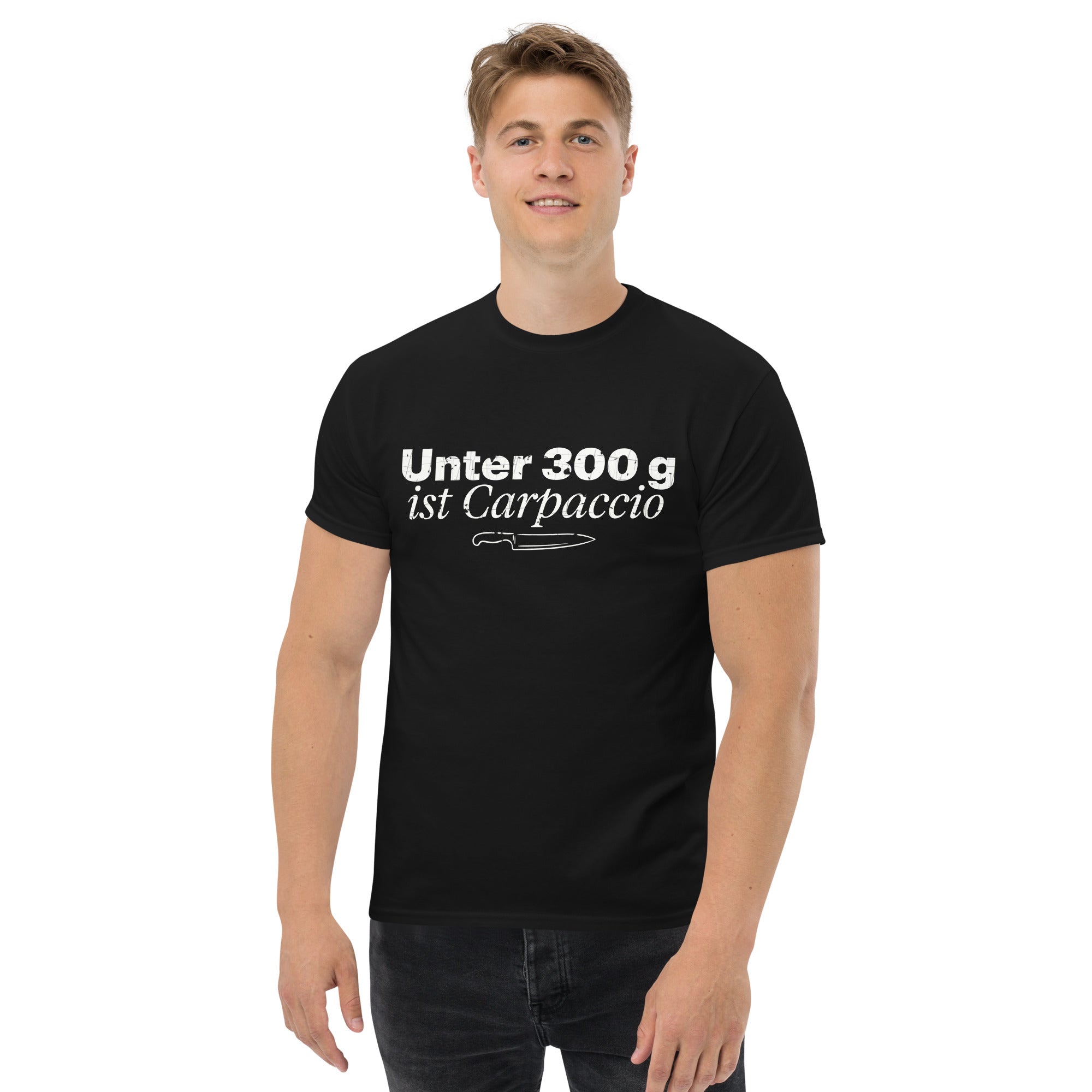 Koch-Shirt Unter 300 g ist Carpaccio in Schwarz, am Model getragen