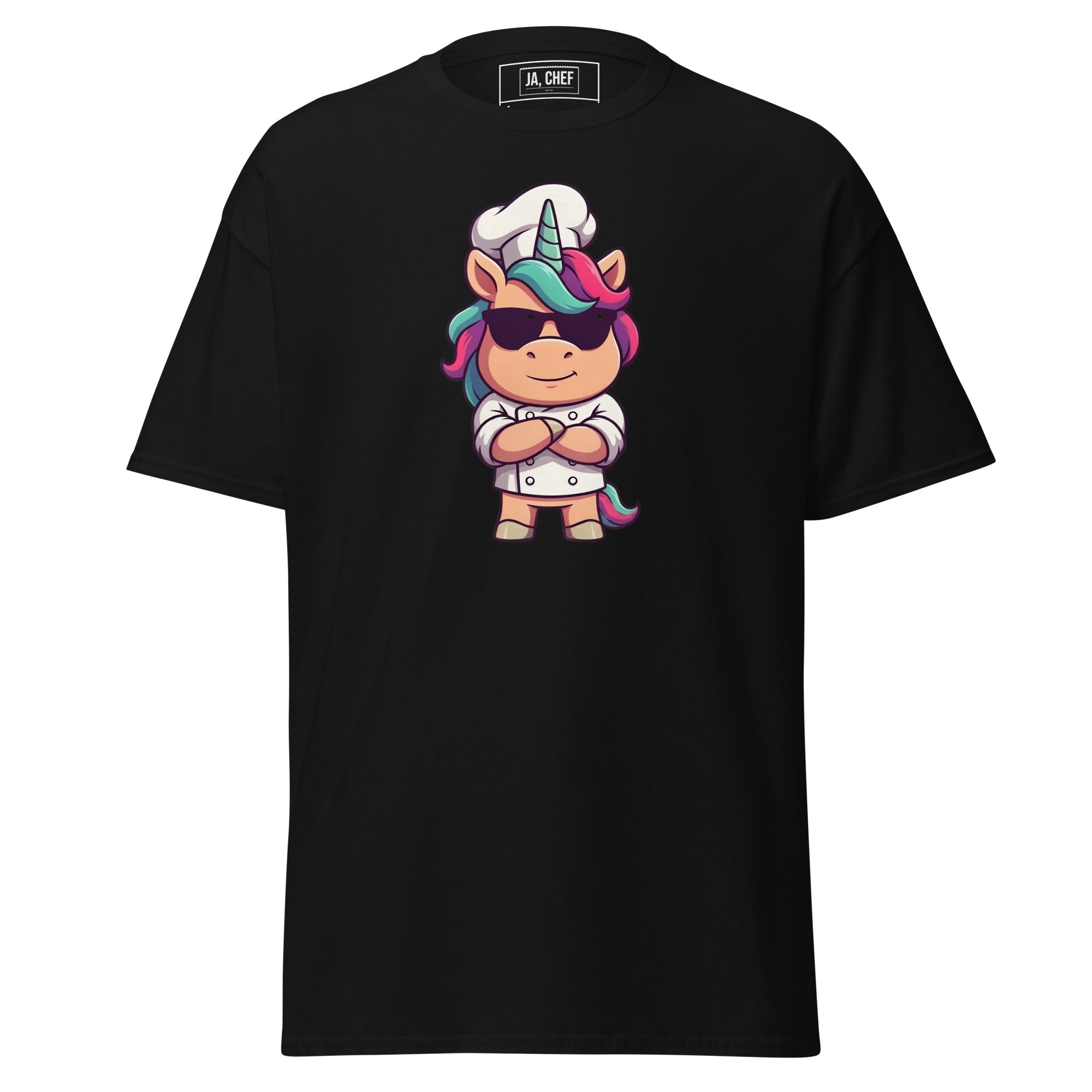 Koch-Shirt Einhorn-Chef in Schwarz, Vorderansicht