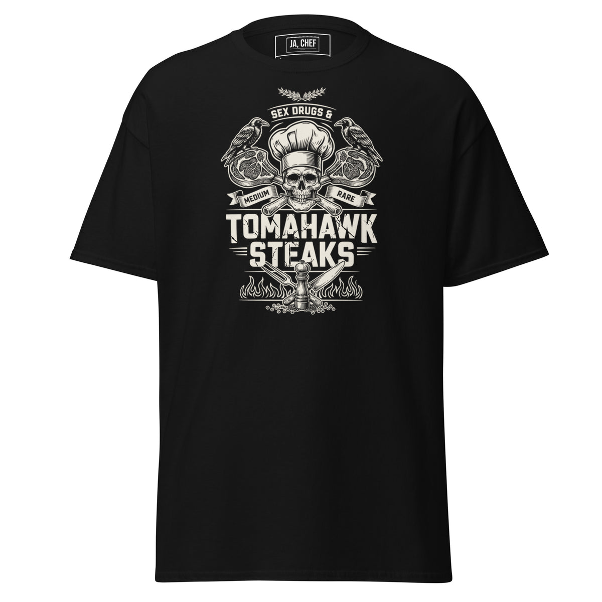 Koch-Shirt Sex Drugs & Tomahawk Steaks in Schwarz, Vorderansicht