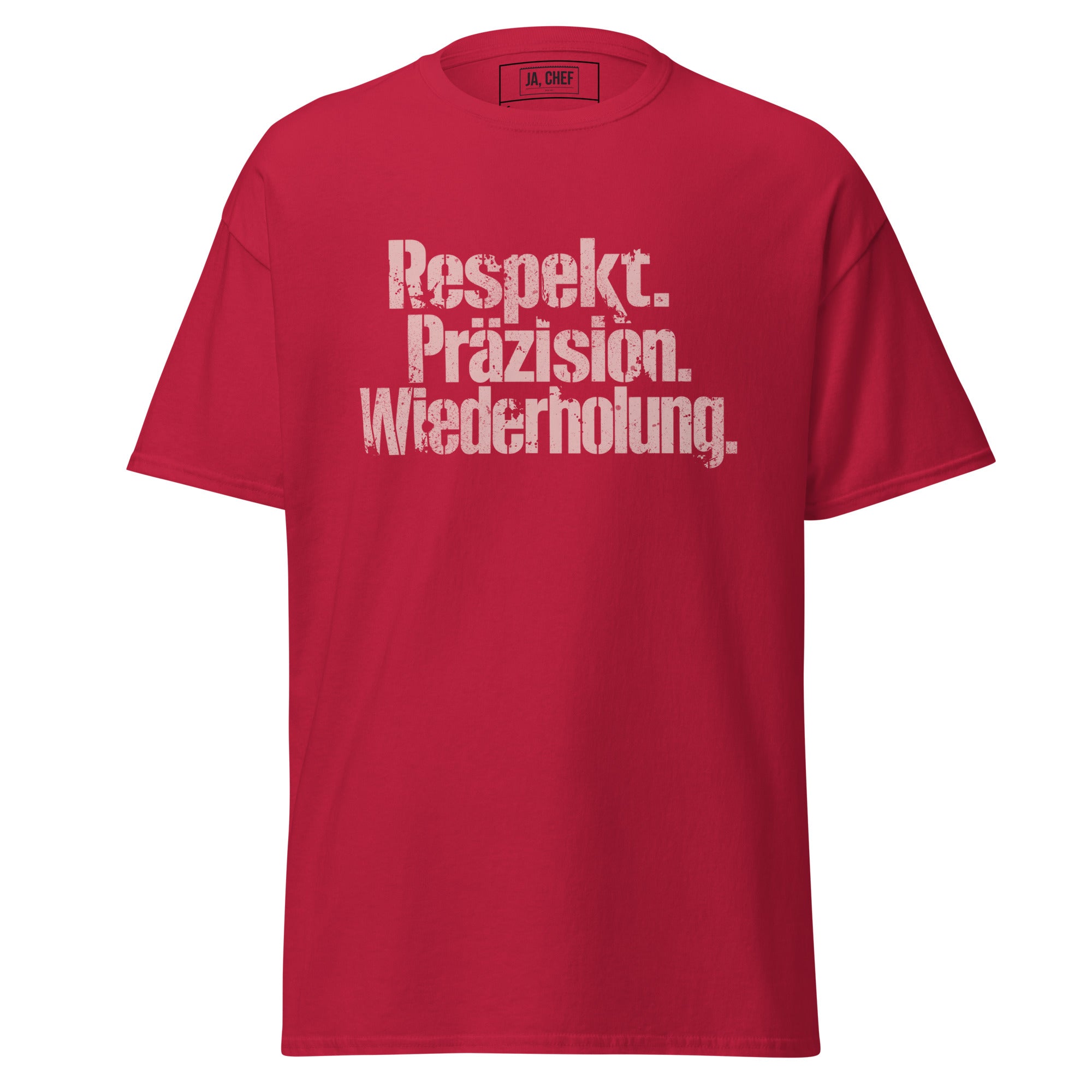 Koch-Shirt Respekt. Präzision. Wiederholung. in Kardinal, Vorderansicht