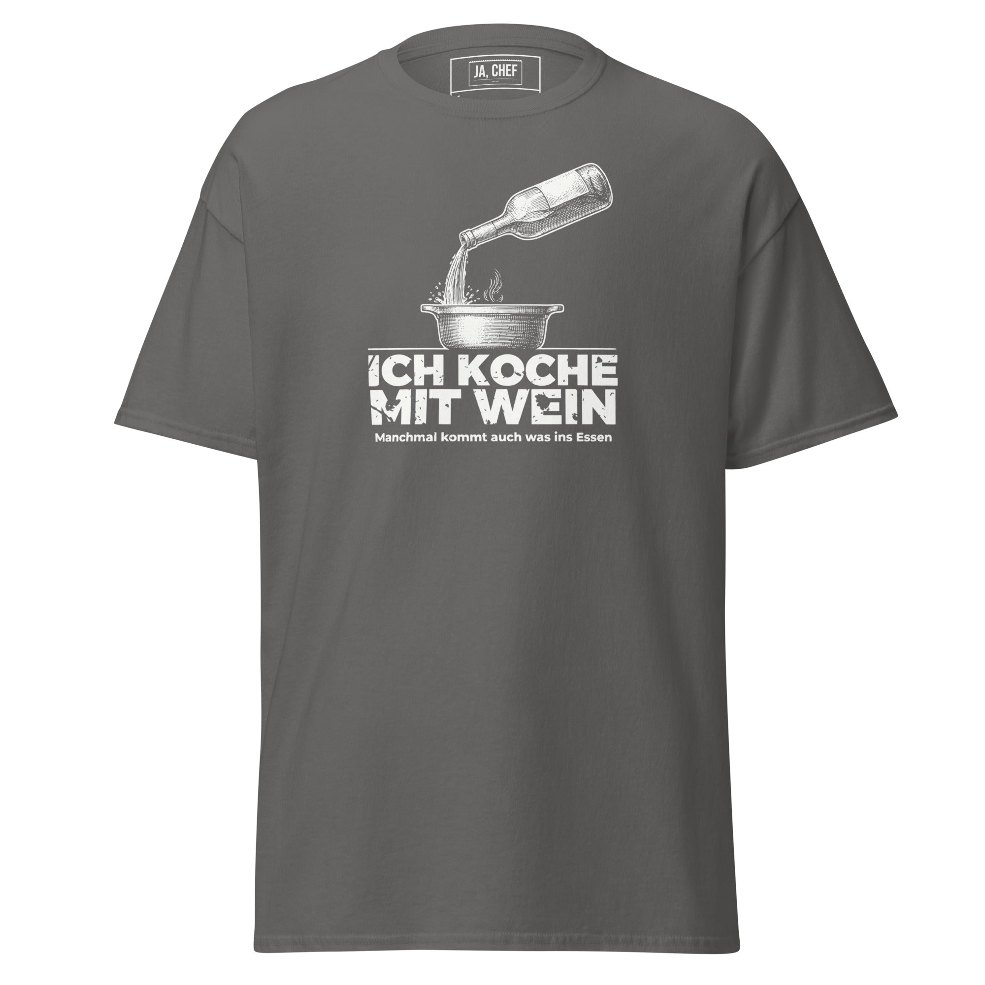 Koch-Shirt Ich koche mit Wein in Holzkohle, Vorderansicht