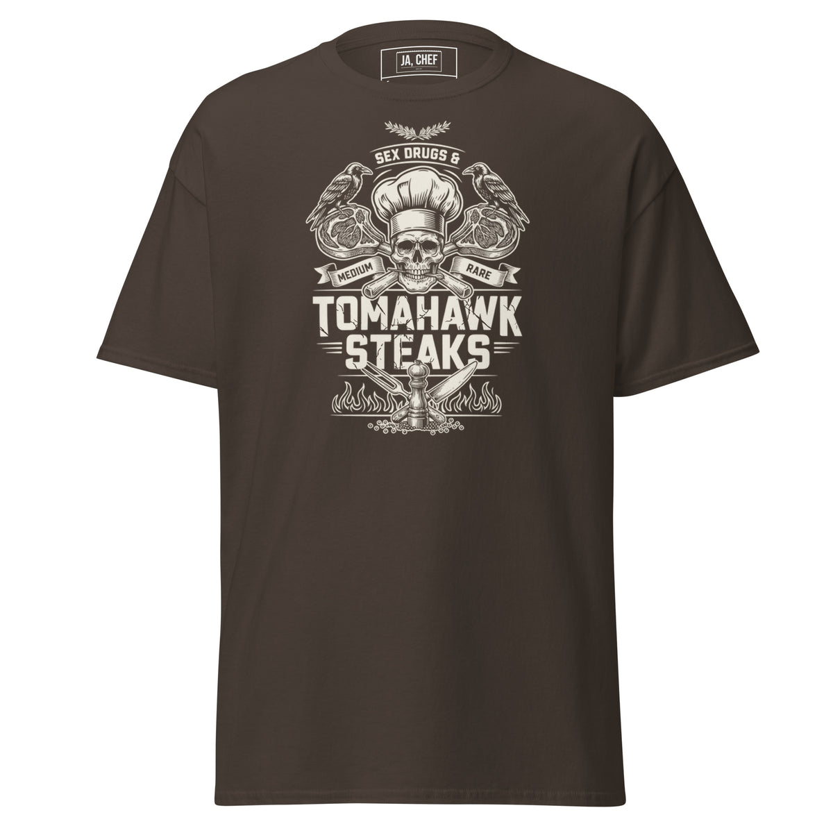 Koch-Shirt Sex Drugs & Tomahawk Steaks in Dunkle Schokolade, Vorderansicht