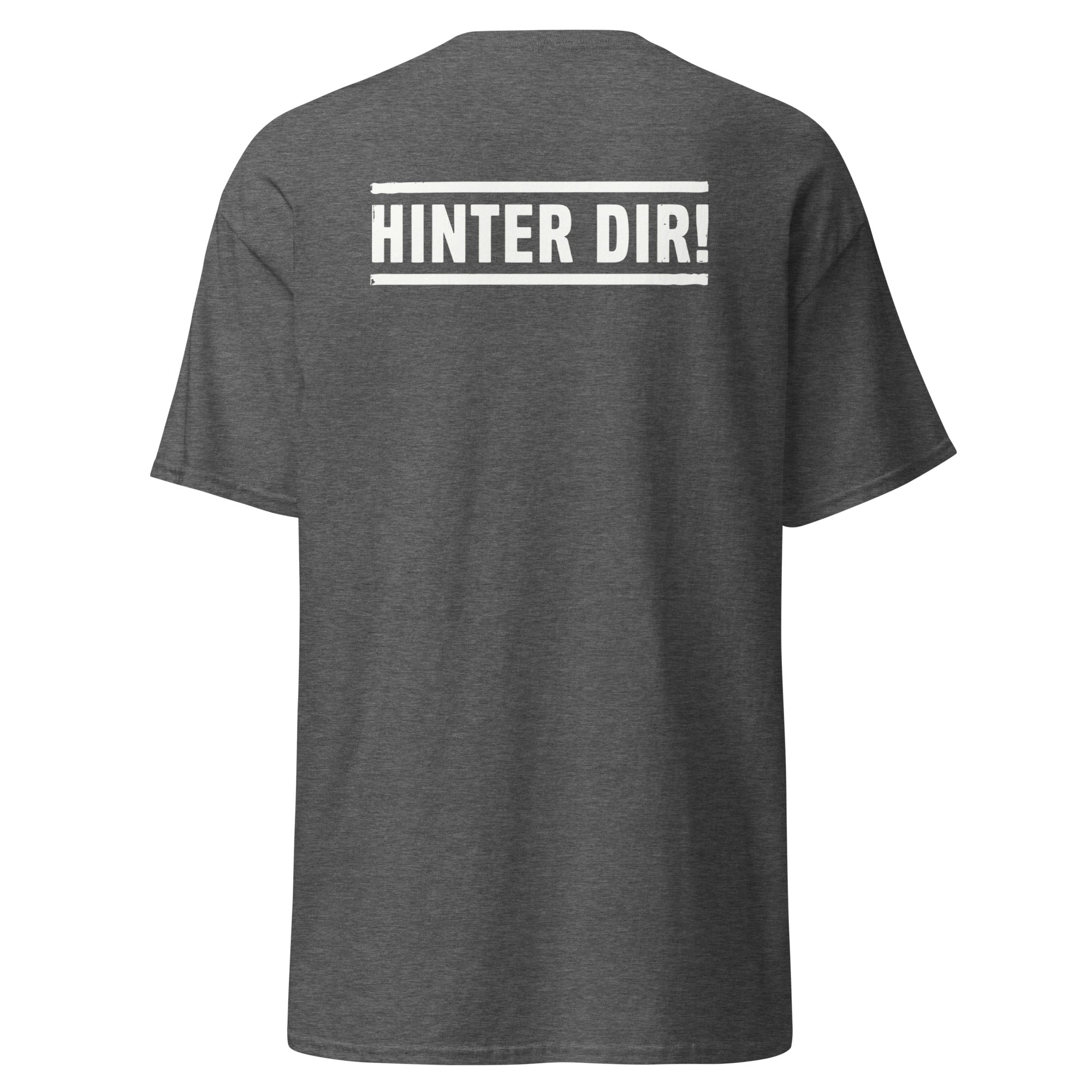 Koch-Shirt Hinter dir! mit Rückendruck in Dunkles Heather, Rückansicht