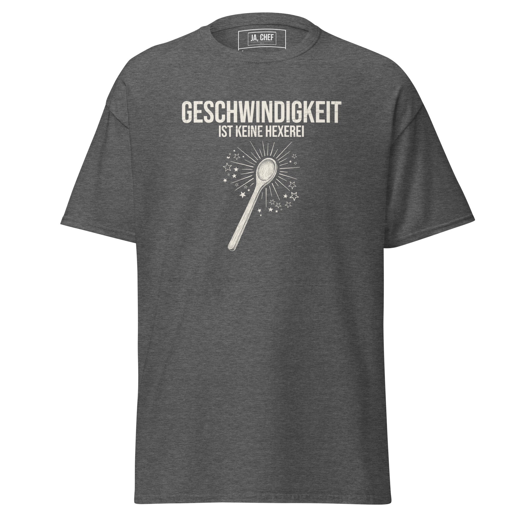 Koch-Shirt Geschwindigkeit ist keine Hexerei in Dunkles Heather, Vorderansicht