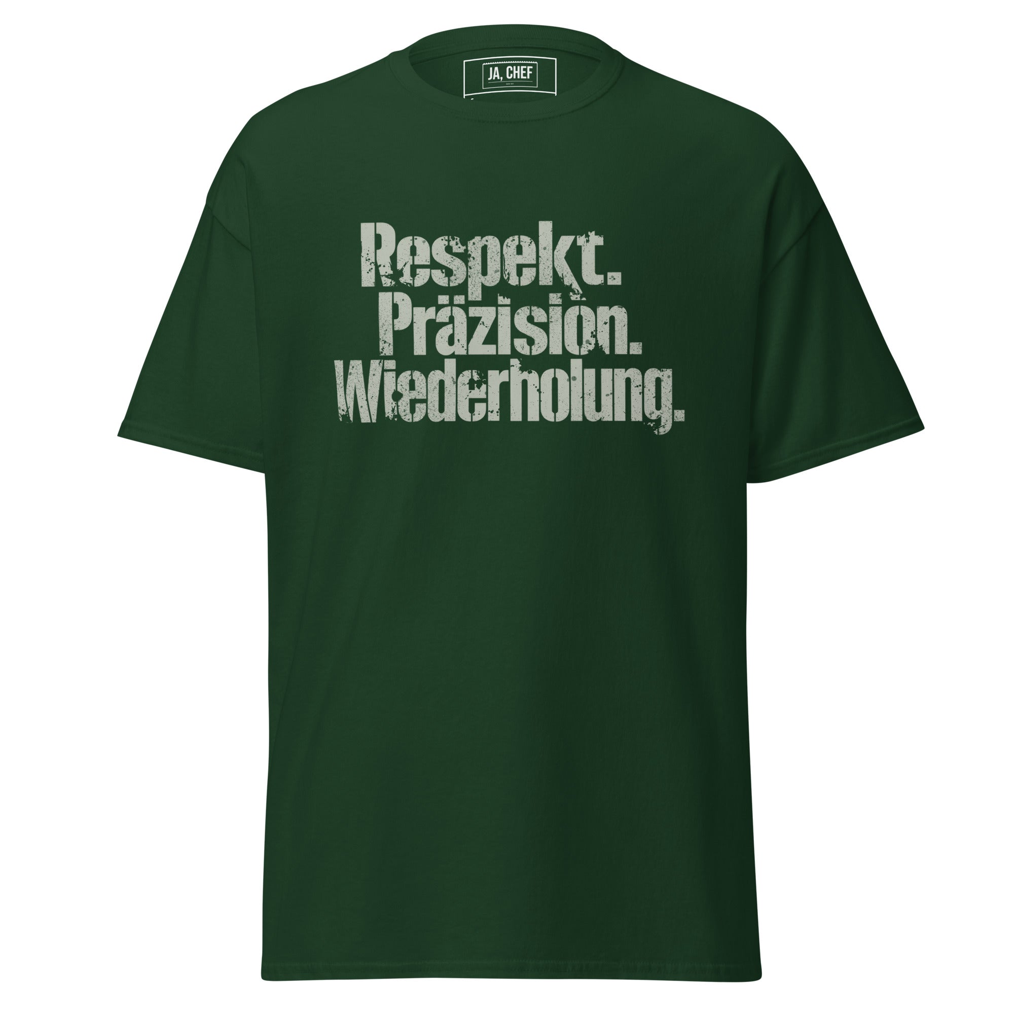 Koch-Shirt Respekt. Präzision. Wiederholung. in Waldgrün, Vorderansicht