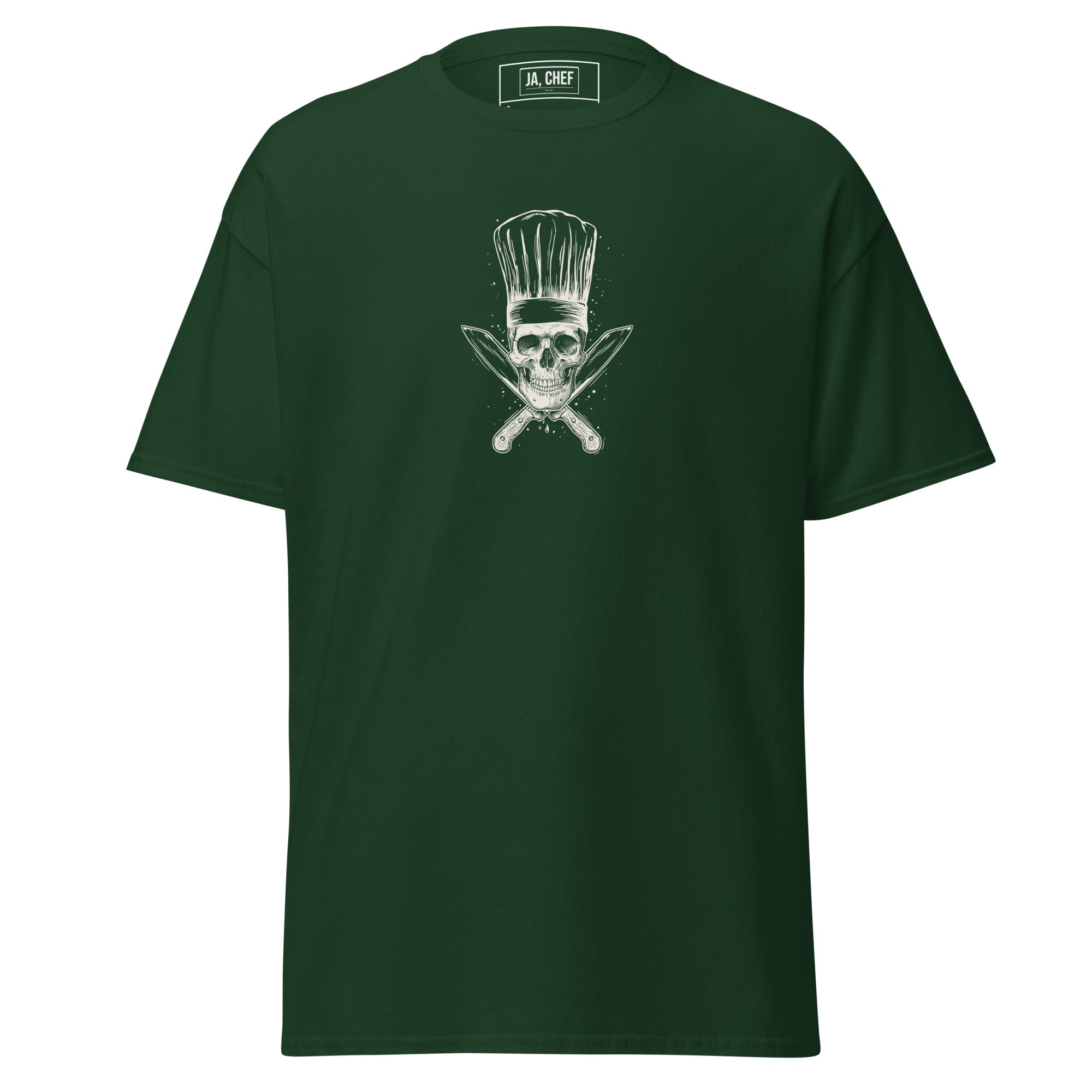 Koch-Shirt Küchen-Totenkopf in Waldgrün, Vorderansicht