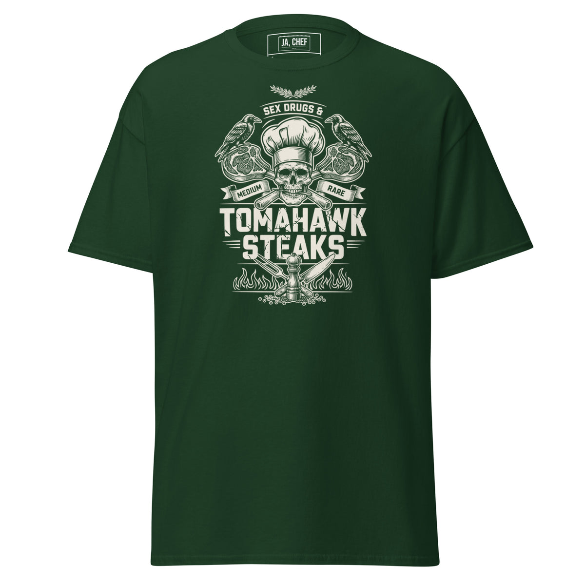 Koch-Shirt Sex Drugs & Tomahawk Steaks in Waldgrün, Vorderansicht