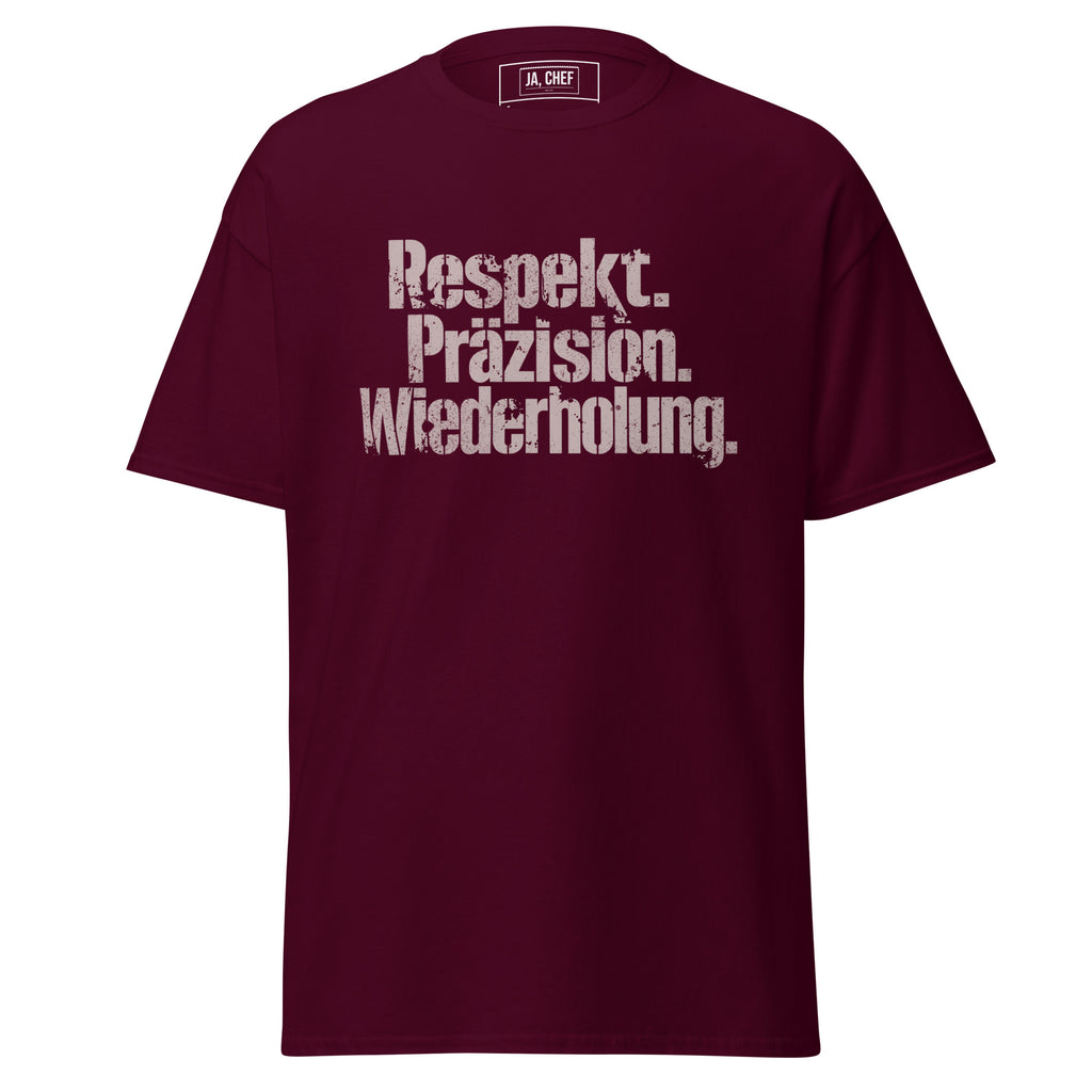 Koch-Shirt Respekt. Präzision. Wiederholung. in Kastanienbraun, Vorderansicht