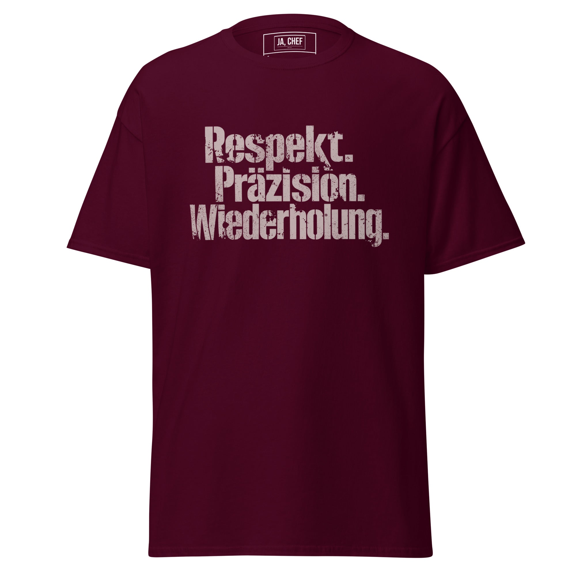 Koch-Shirt Respekt. Präzision. Wiederholung. in Kastanienbraun, Vorderansicht