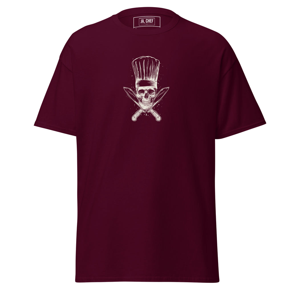Koch-Shirt Küchen-Totenkopf in Kastanienbraun, Vorderansicht