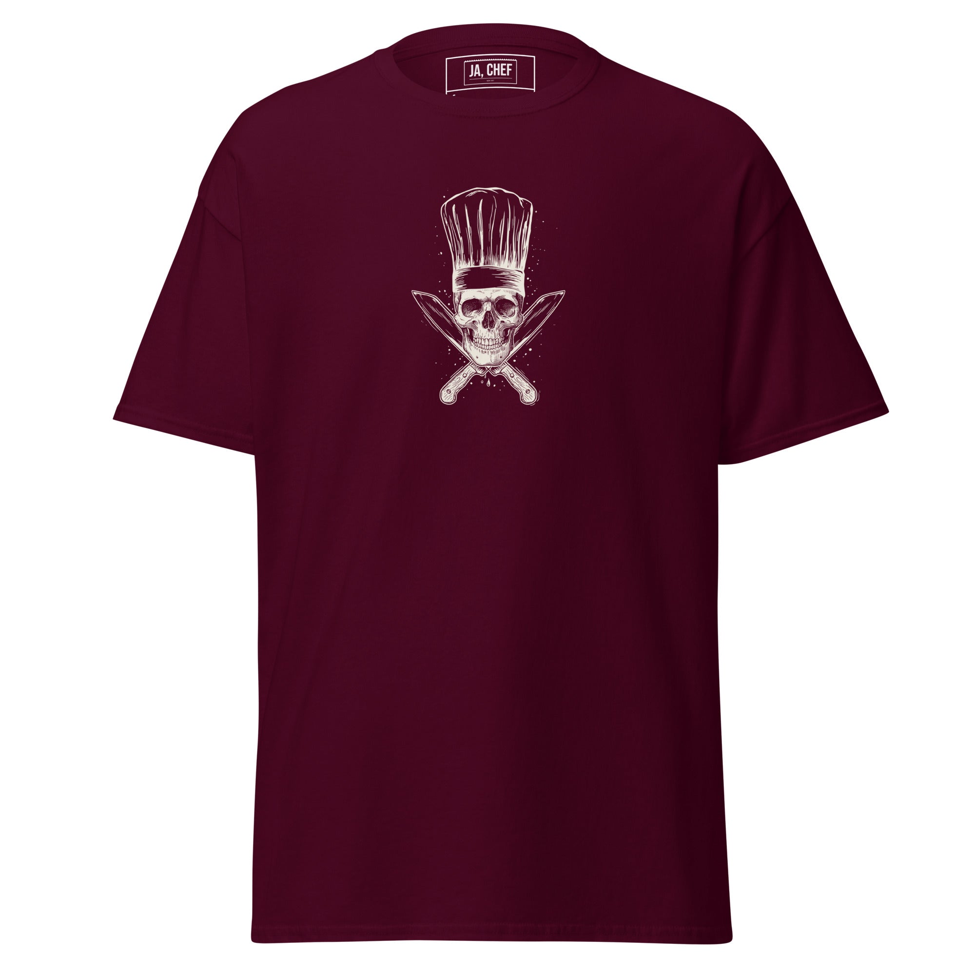 Koch-Shirt Küchen-Totenkopf in Kastanienbraun, Vorderansicht