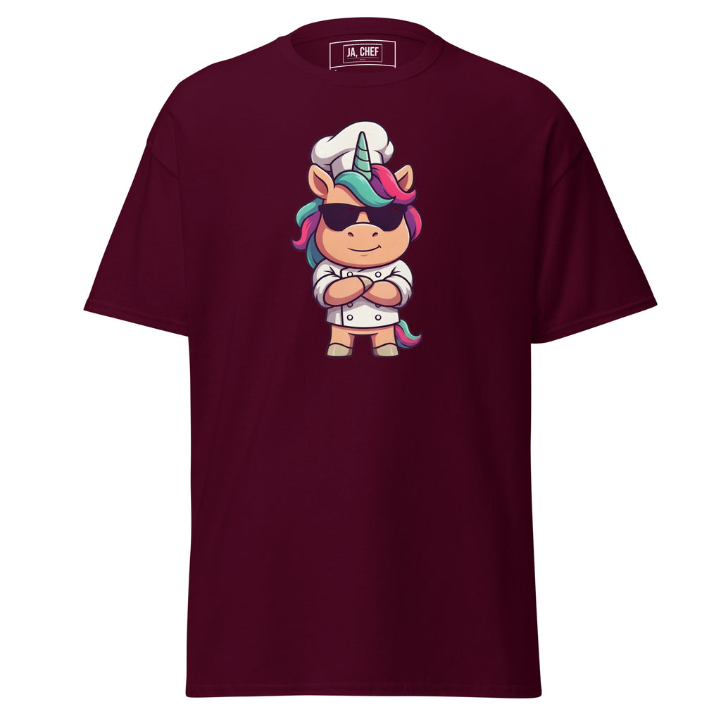 Koch-Shirt Einhorn-Chef in Kastanienbraun, Vorderansicht