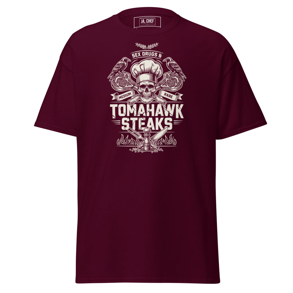 Koch-Shirt Sex Drugs & Tomahawk Steaks in Kastanienbraun, Vorderansicht