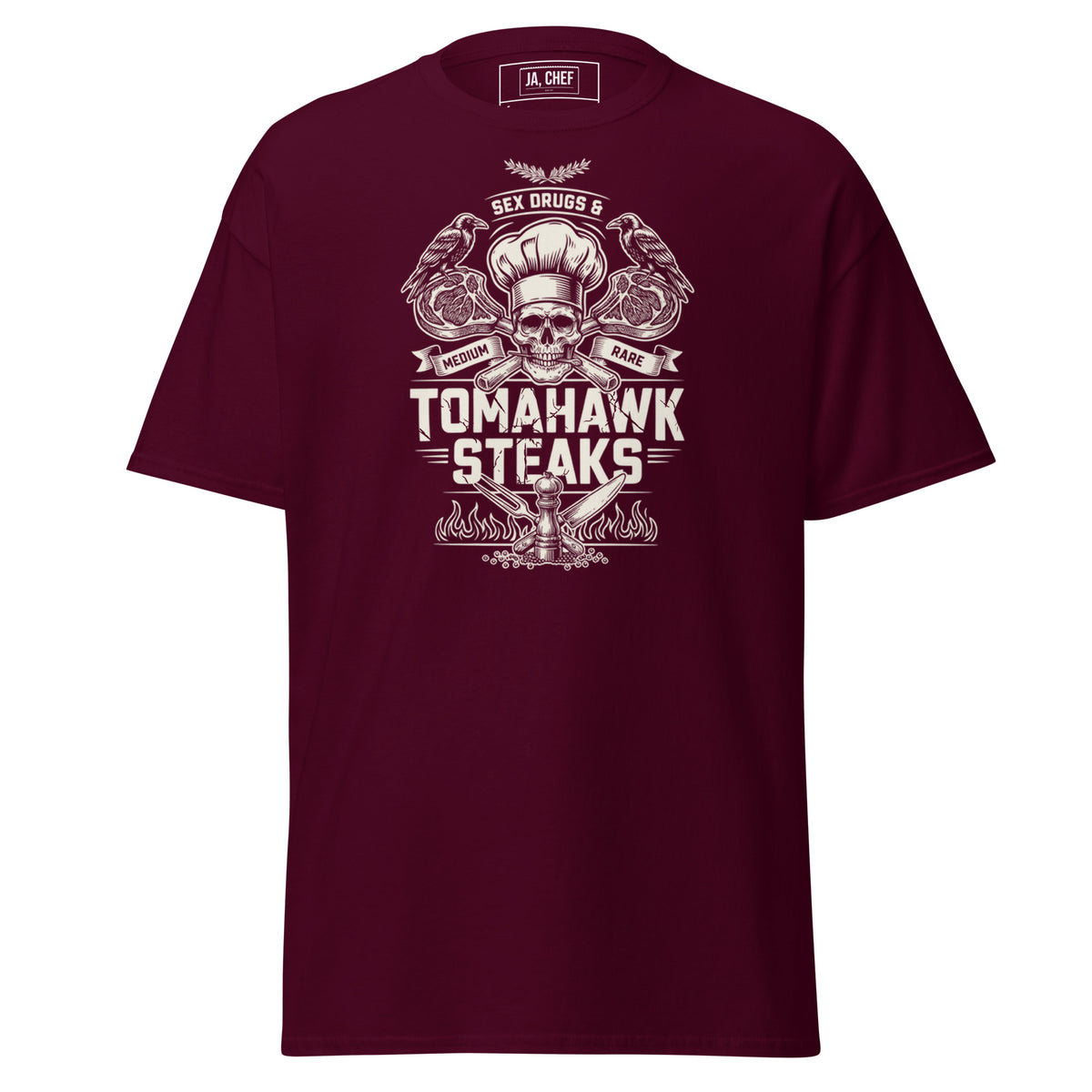 Koch-Shirt Sex Drugs & Tomahawk Steaks in Kastanienbraun, Vorderansicht