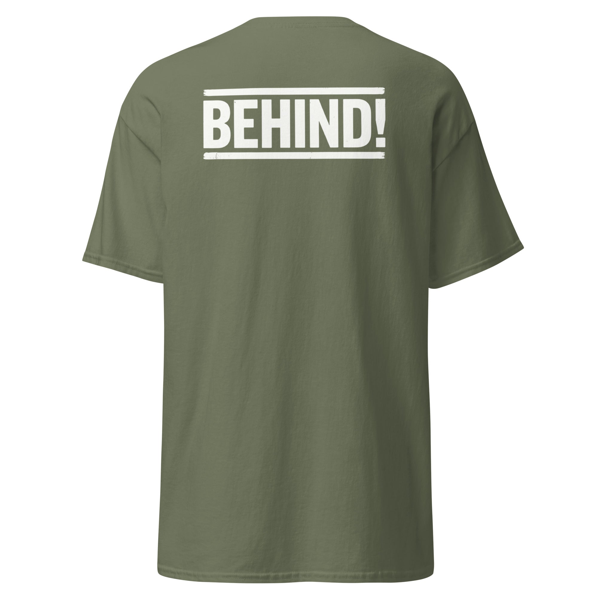 Koch-Shirt Behind! mit Rückendruck in Militärgrün, Rückansicht