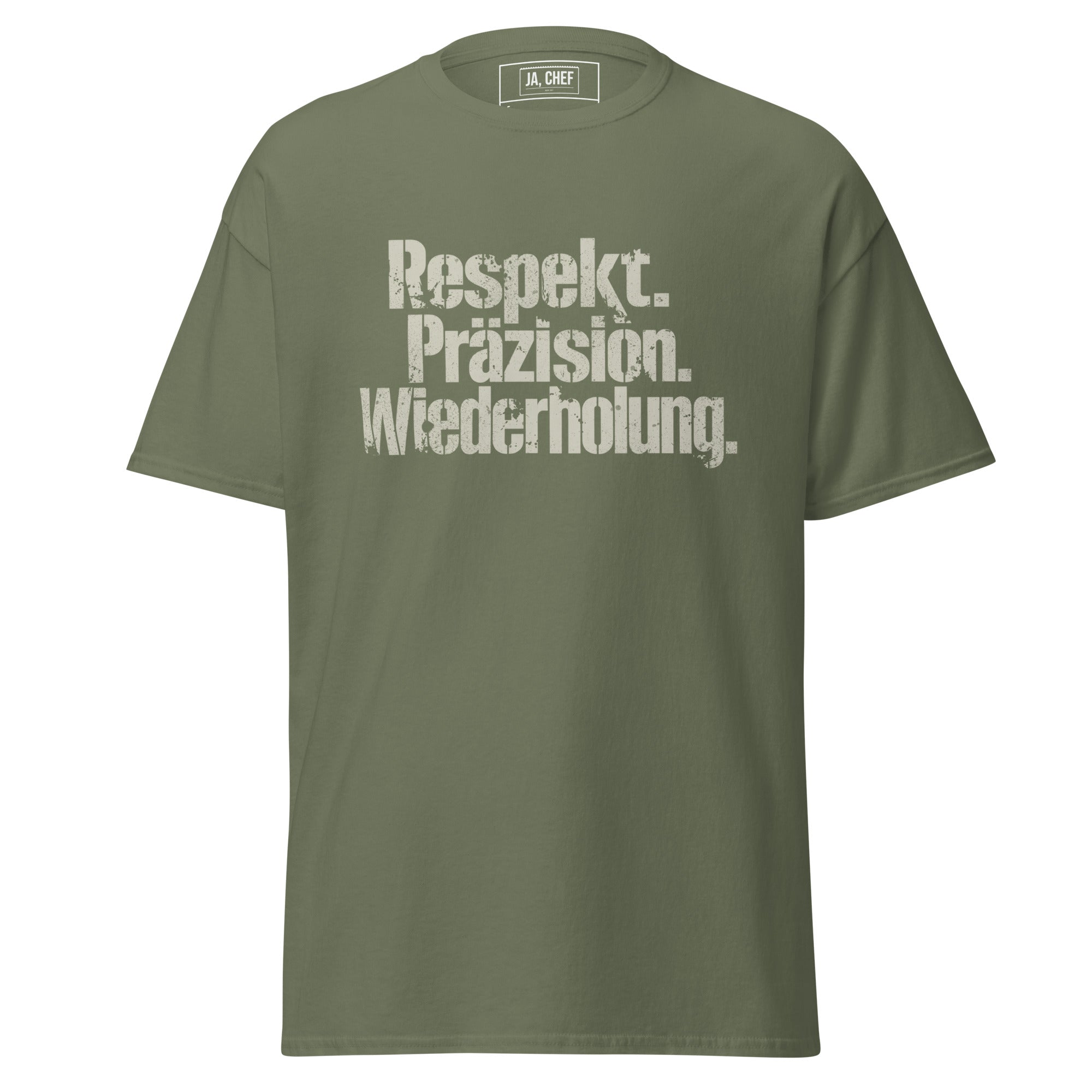 Koch-Shirt Respekt. Präzision. Wiederholung. in Militärgrün, Vorderansicht