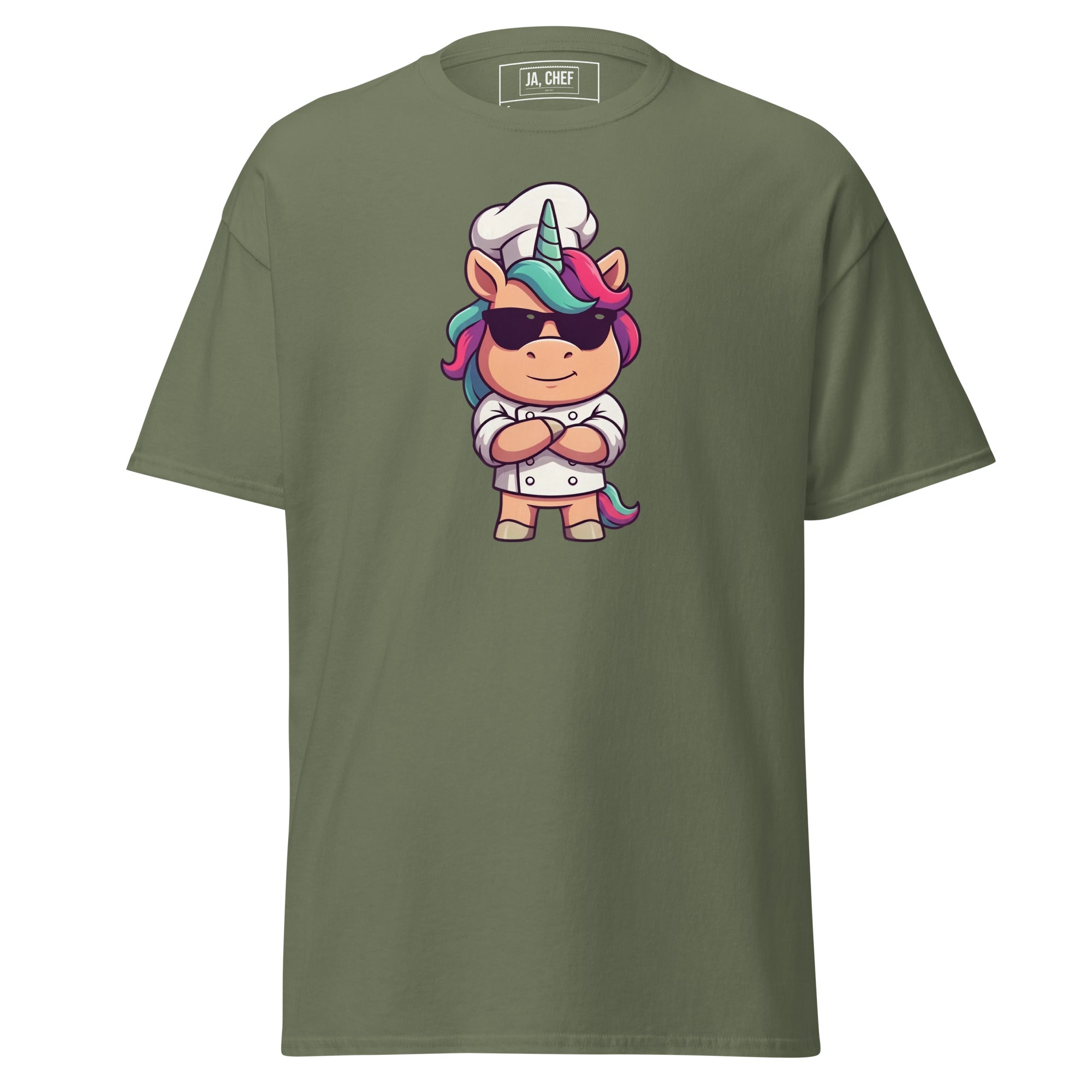 Koch-Shirt Einhorn-Chef in Militärgrün, Vorderansicht