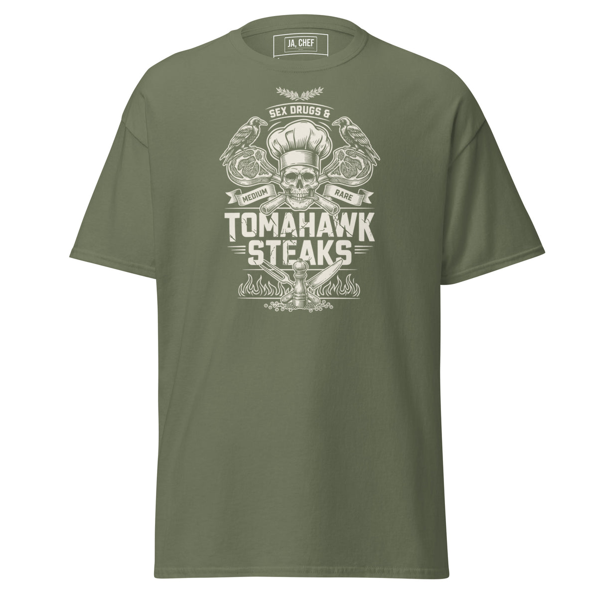 Koch-Shirt Sex Drugs & Tomahawk Steaks in Militärgrün, Vorderansicht