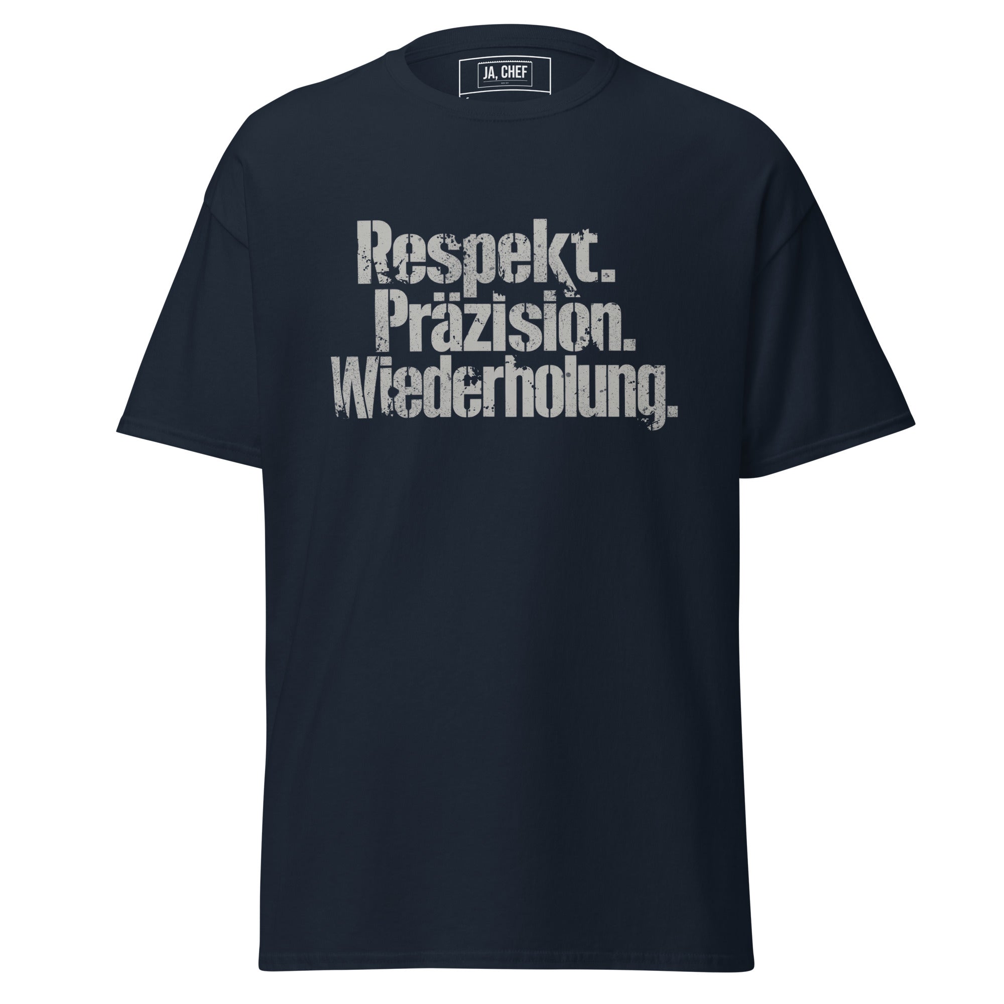 Koch-Shirt Respekt. Präzision. Wiederholung. in Navy, Vorderansicht