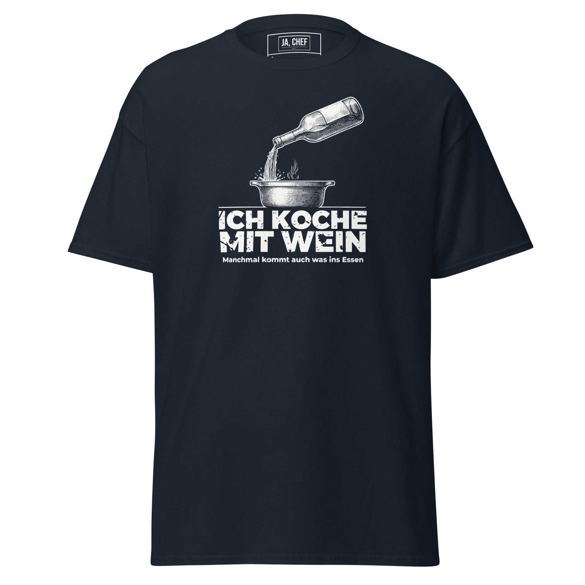 Koch-Shirt Ich koche mit Wein in Navy, Vorderansicht