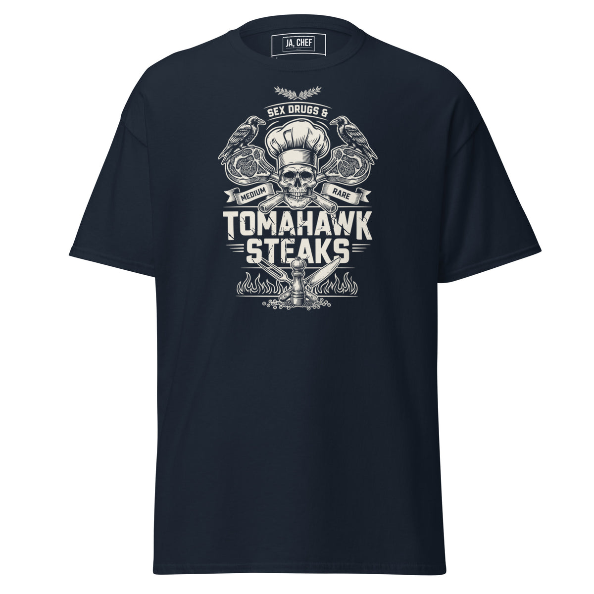 Koch-Shirt Sex Drugs & Tomahawk Steaks in Navy, Vorderansicht