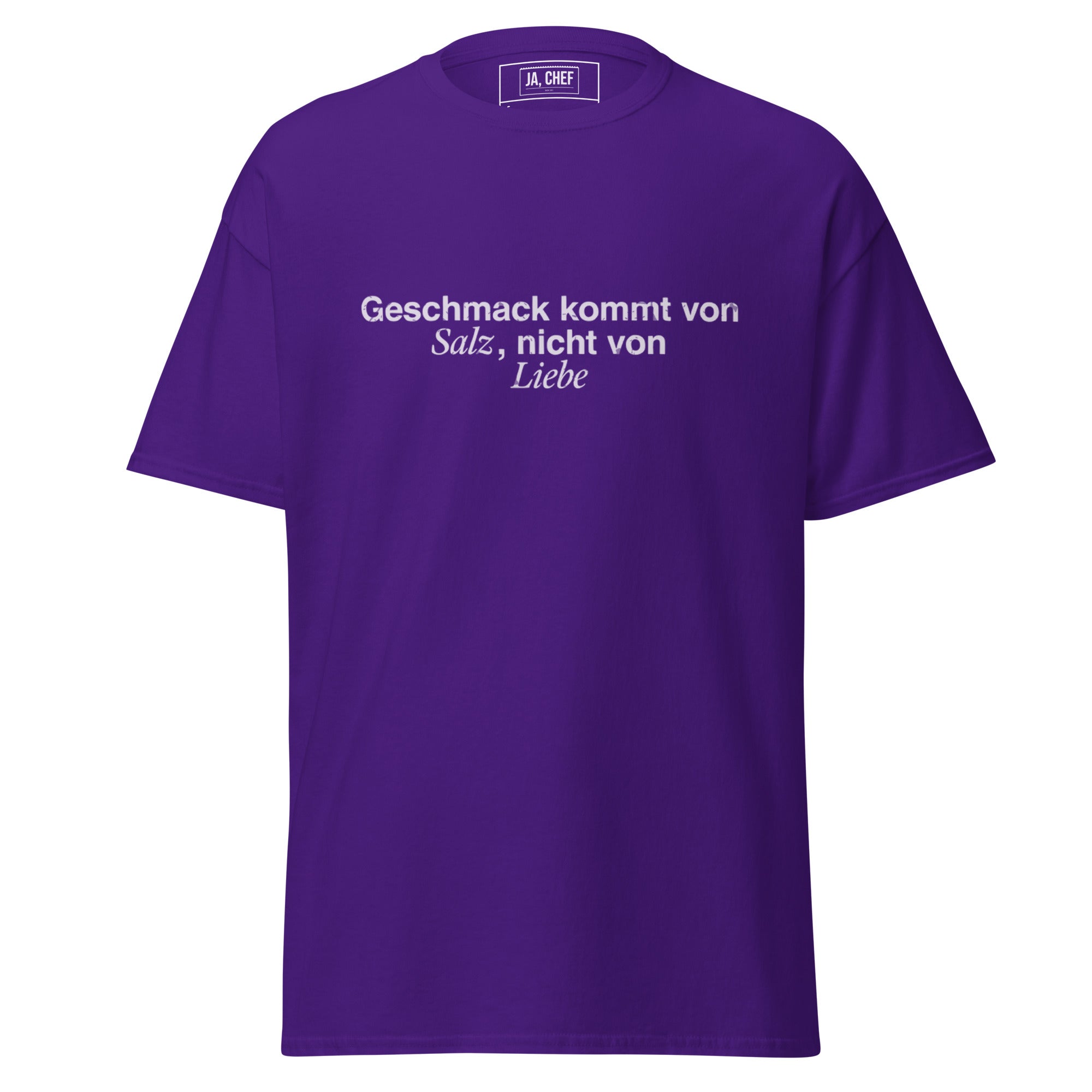 Koch-Shirt Geschmack kommt von Salz, nicht von Liebe in Lila, Vorderansicht