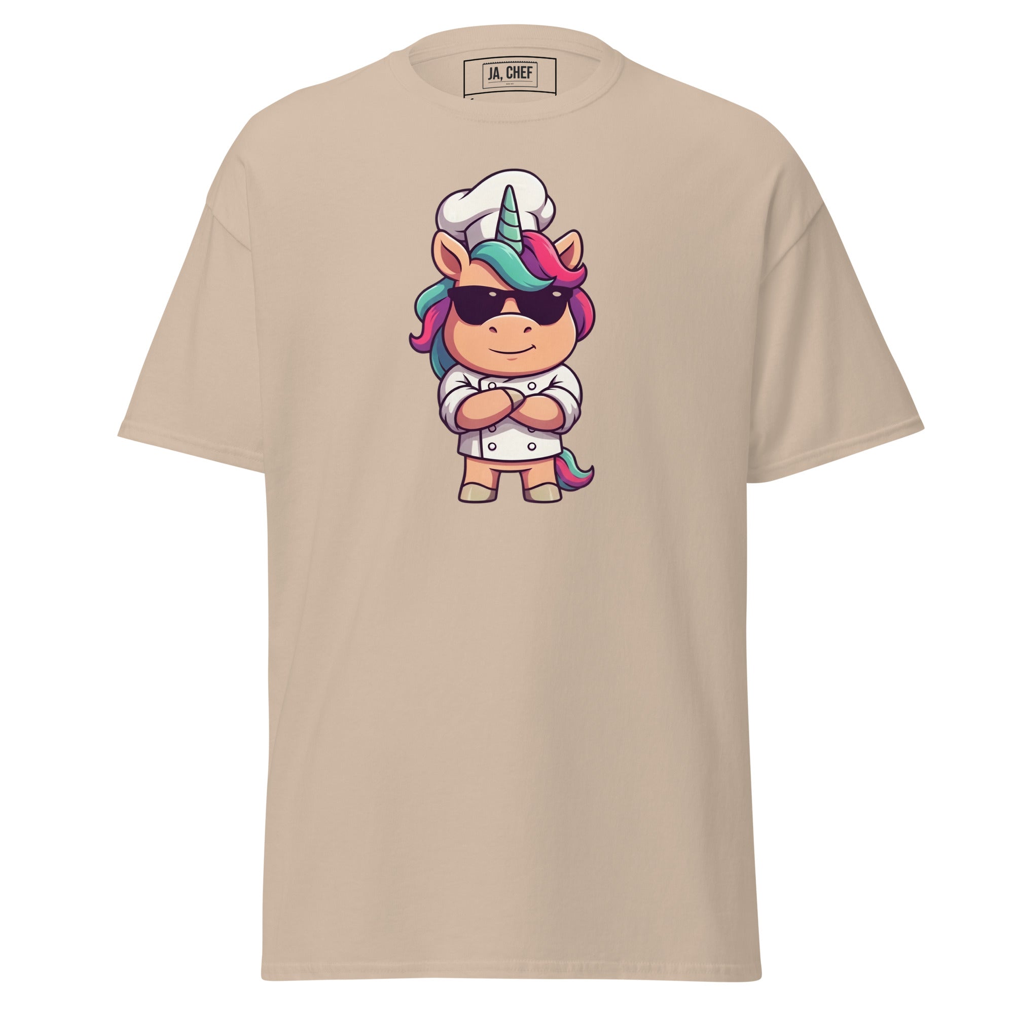 Koch-Shirt Einhorn-Chef in Sand, Vorderansicht