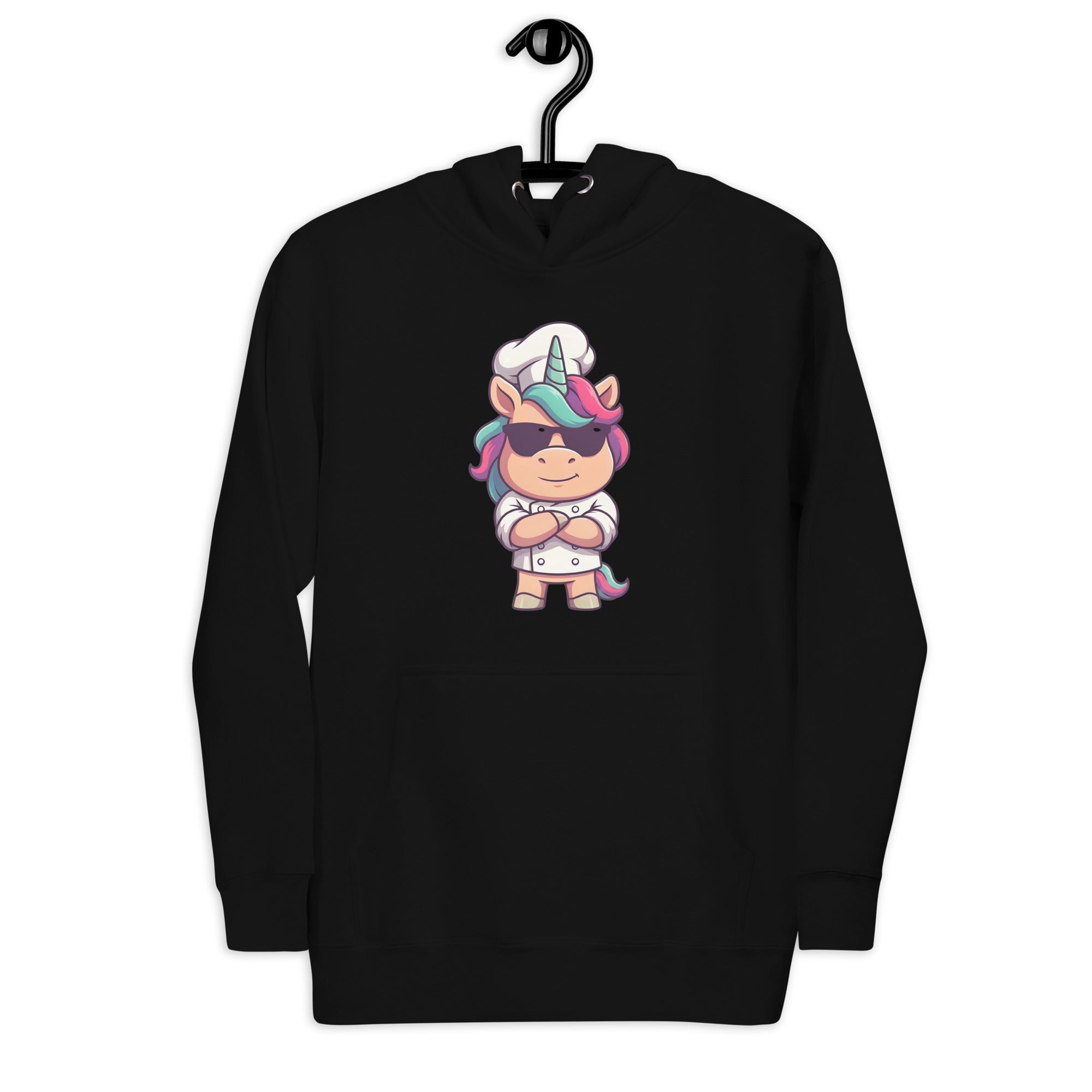 Koch-Hoodie Einhorn-Chef in Schwarz, am Model getragen, zweite Ansicht