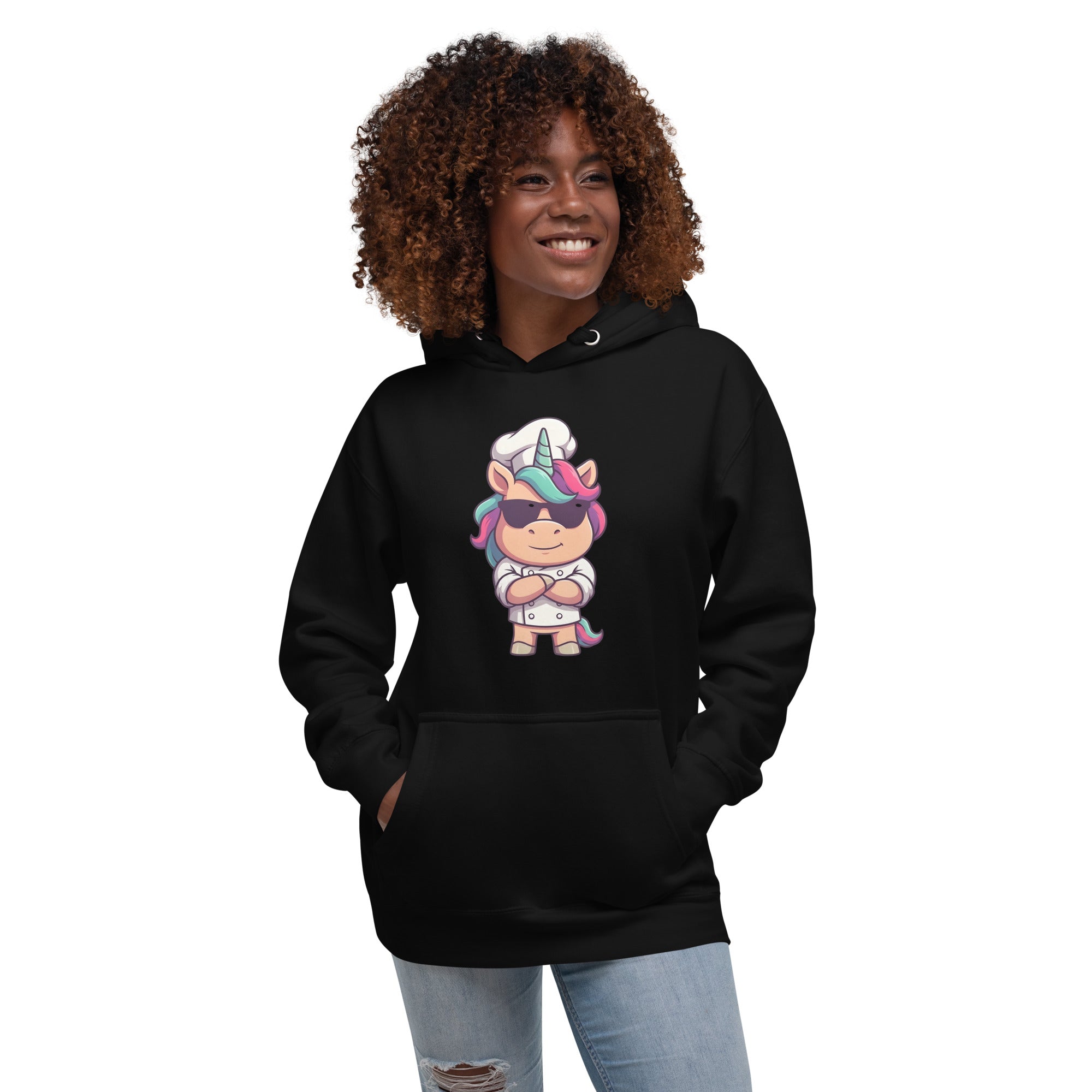 Koch-Hoodie Einhorn-Chef in Schwarz, am Model getragen, dritte Ansicht