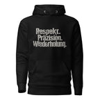 Koch-Hoodie Respekt. Präzision. Wiederholung. in Schwarz, Vorderansicht