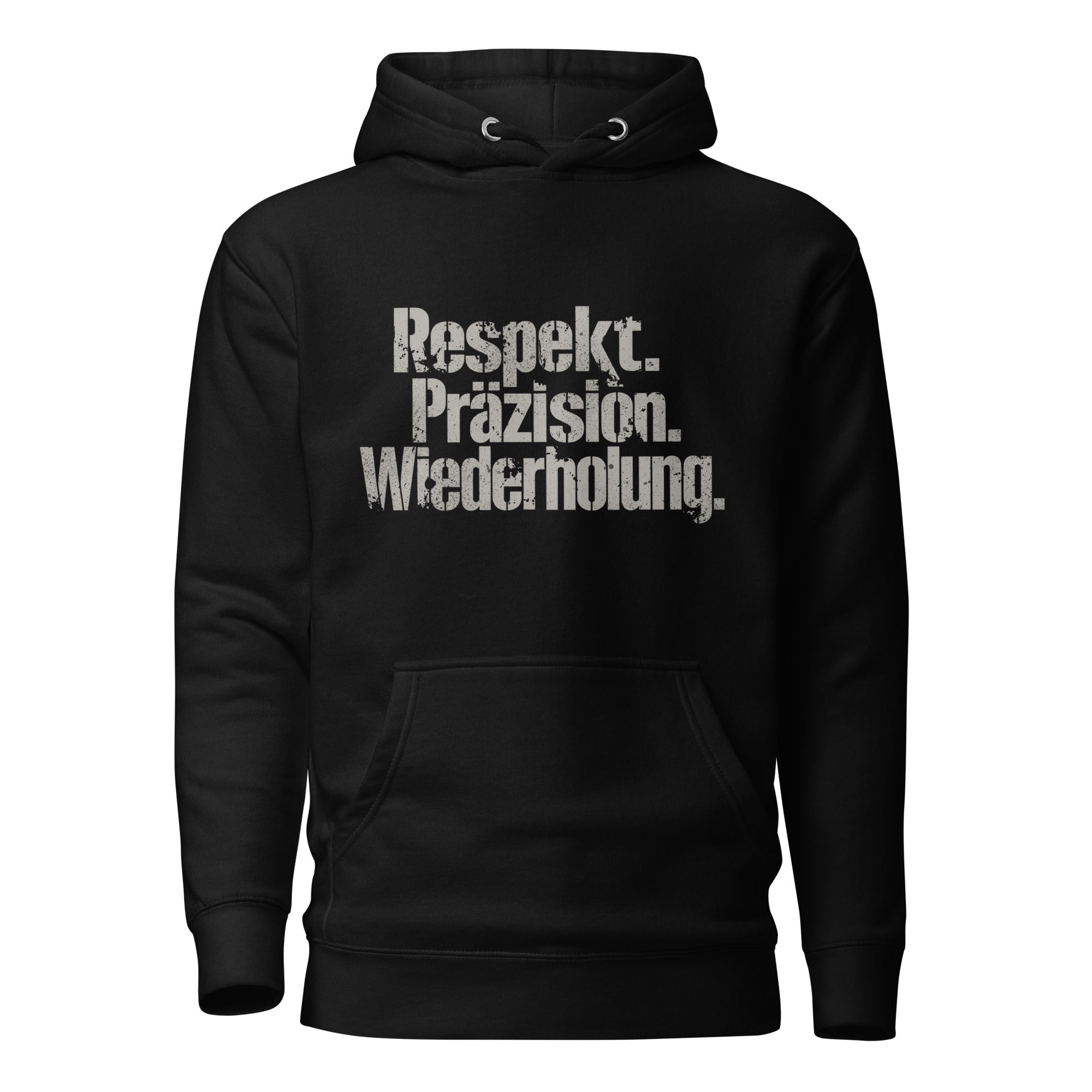 Koch-Hoodie Respekt. Präzision. Wiederholung. in Schwarz, Vorderansicht