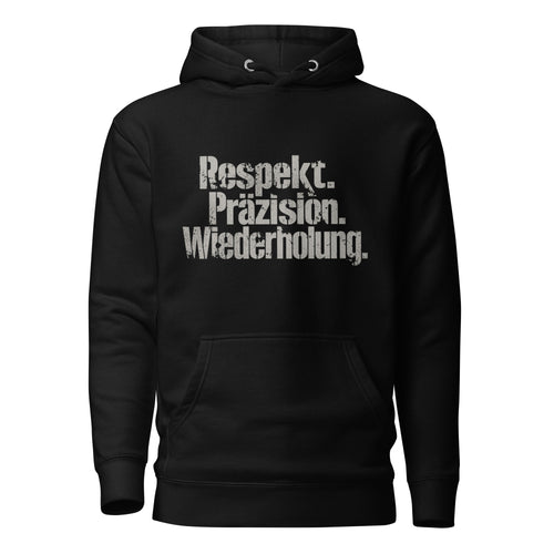 Koch-Hoodie Respekt. Präzision. Wiederholung. in Schwarz, Vorderansicht
