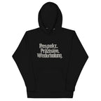 Koch-Hoodie Respekt. Präzision. Wiederholung. in Schwarz, am Model getragen, zweite Ansicht