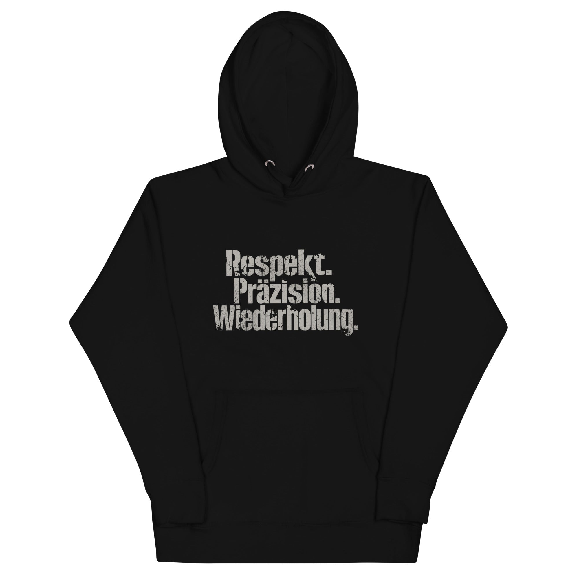 Koch-Hoodie Respekt. Präzision. Wiederholung. in Schwarz, am Model getragen, zweite Ansicht