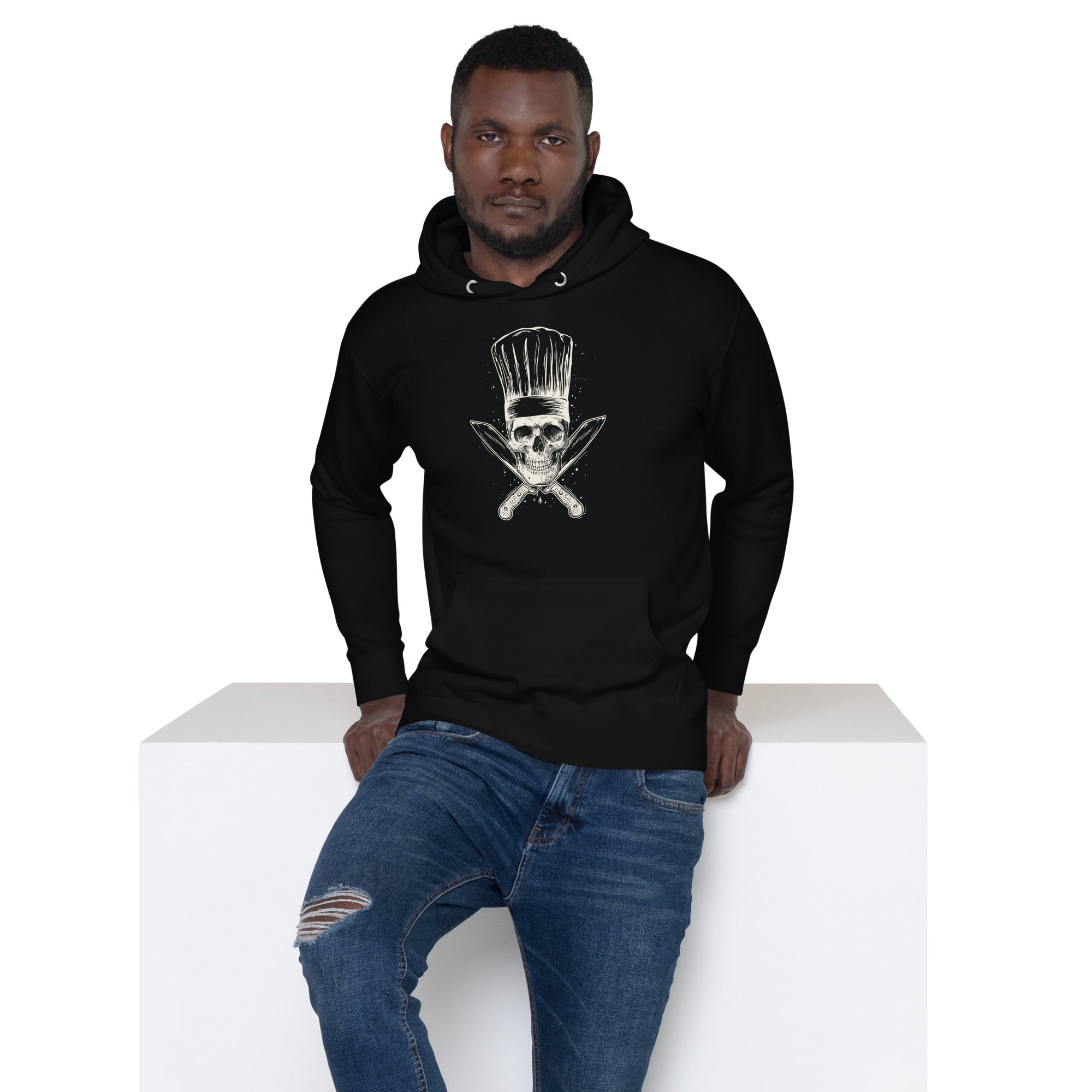 Koch-Hoodie Küchen-Totenkopf in Schwarz, am Model getragen