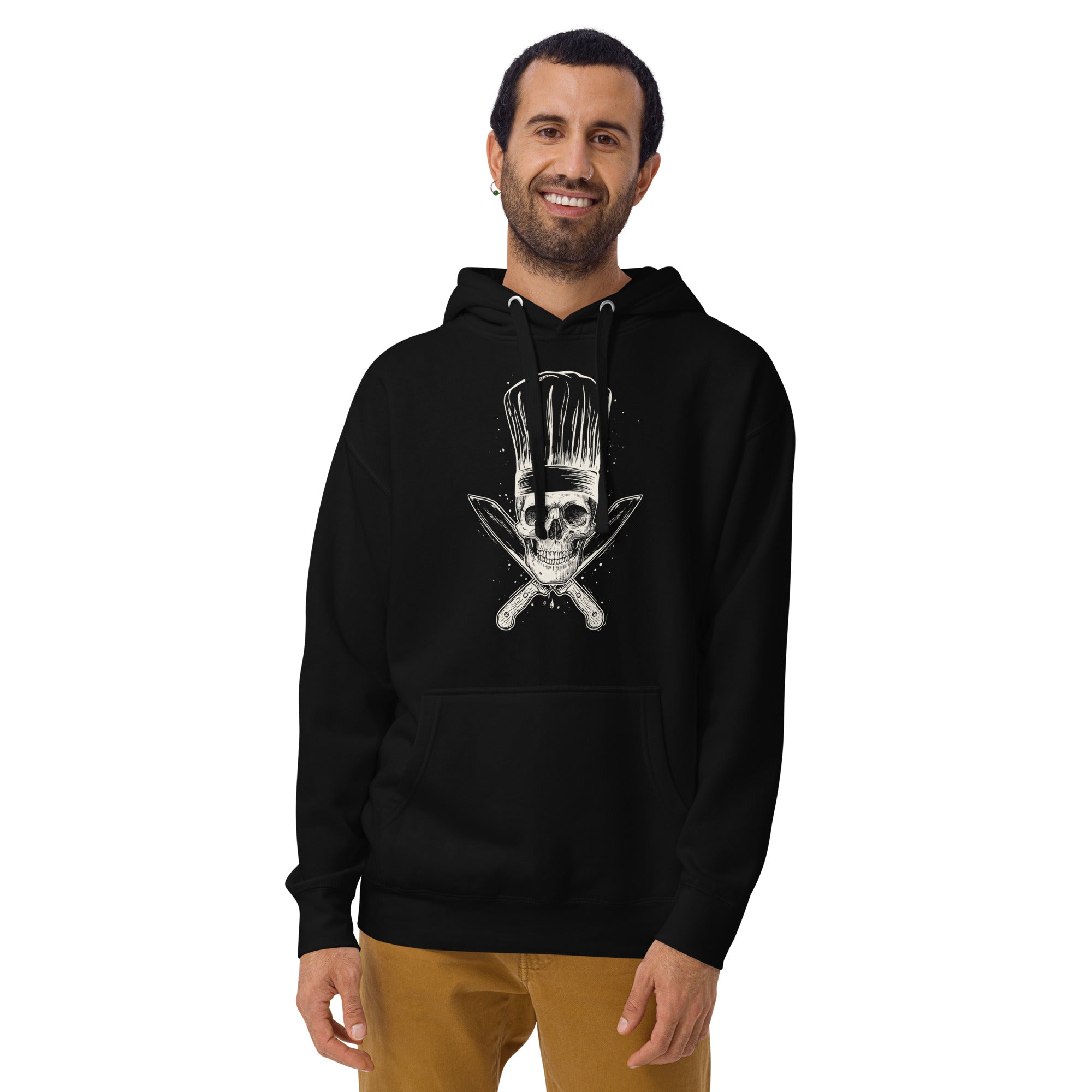 Koch-Hoodie Küchen-Totenkopf in Schwarz, am Model getragen, zweite Ansicht