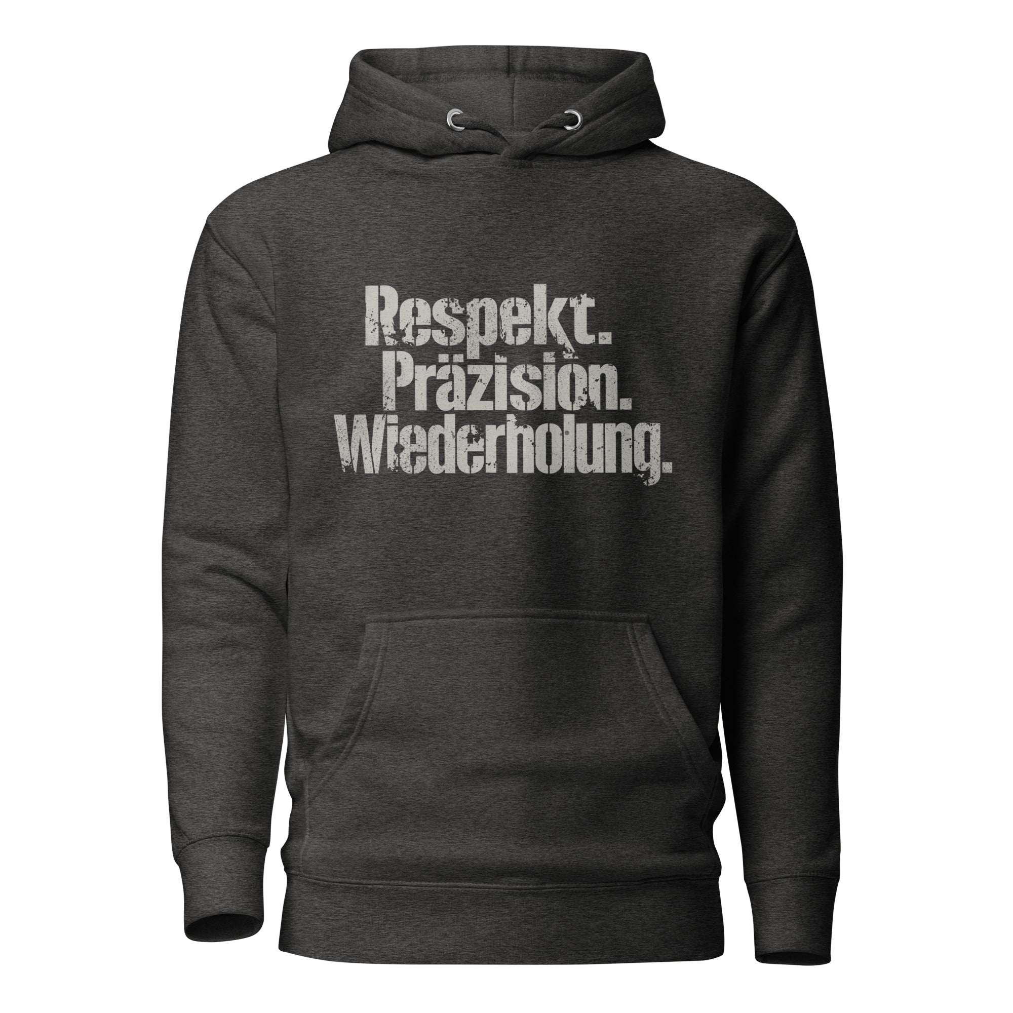 Koch-Hoodie Respekt. Präzision. Wiederholung. in Charcoal Heather, Vorderansicht