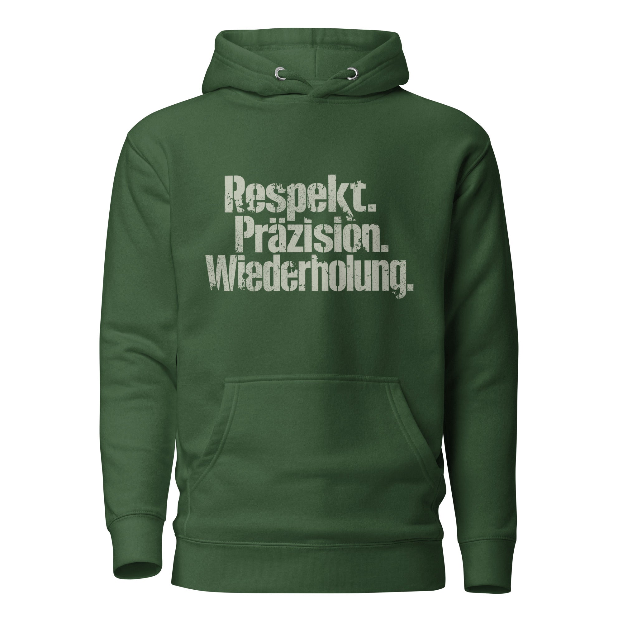 Koch-Hoodie Respekt. Präzision. Wiederholung. in Waldgrün, Vorderansicht