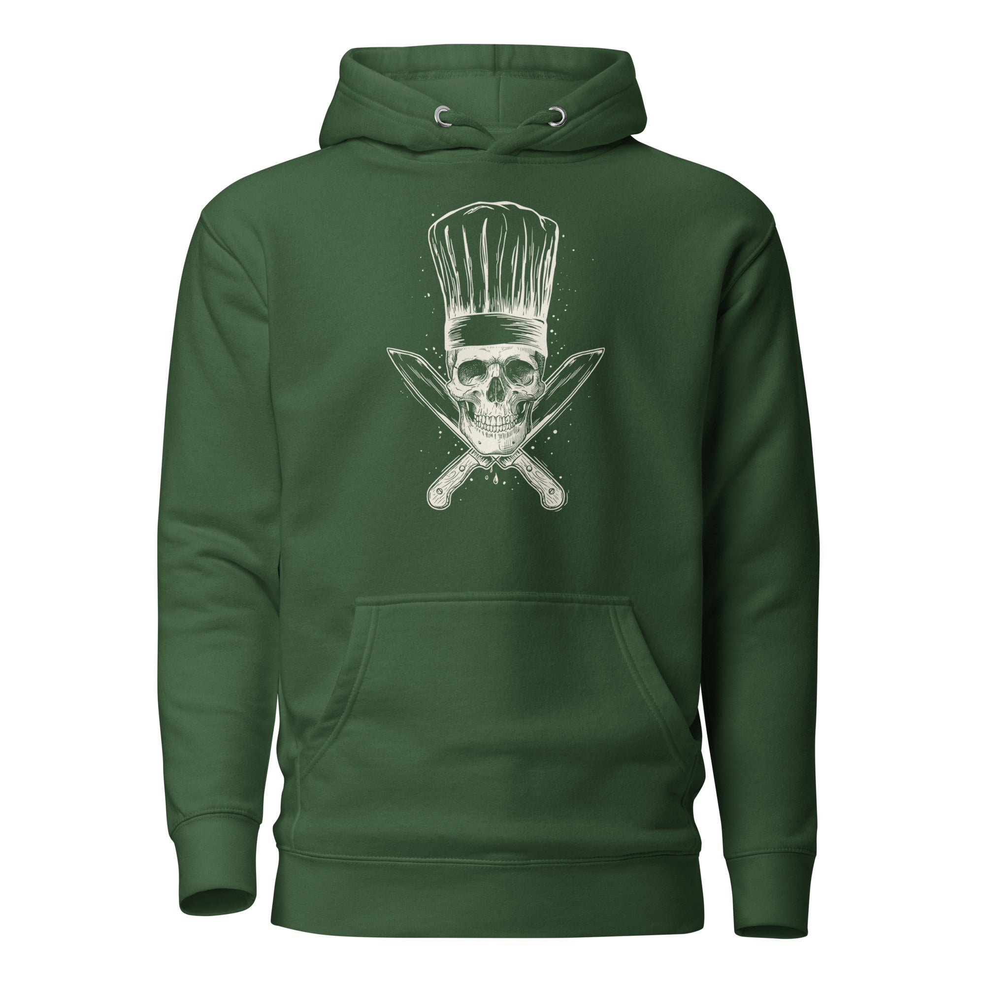 Koch-Hoodie Küchen-Totenkopf in Waldgrün, Vorderansicht