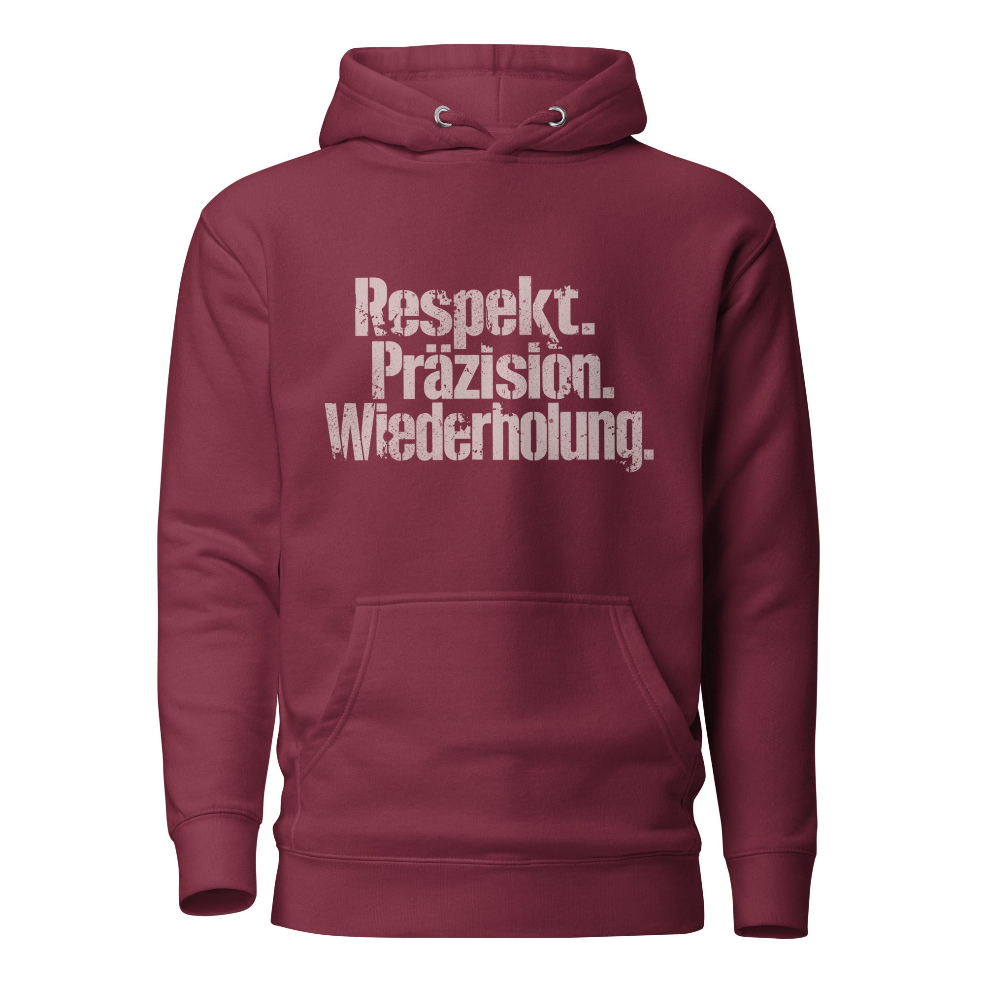 Koch-Hoodie Respekt. Präzision. Wiederholung. in Kastanienbraun, Vorderansicht