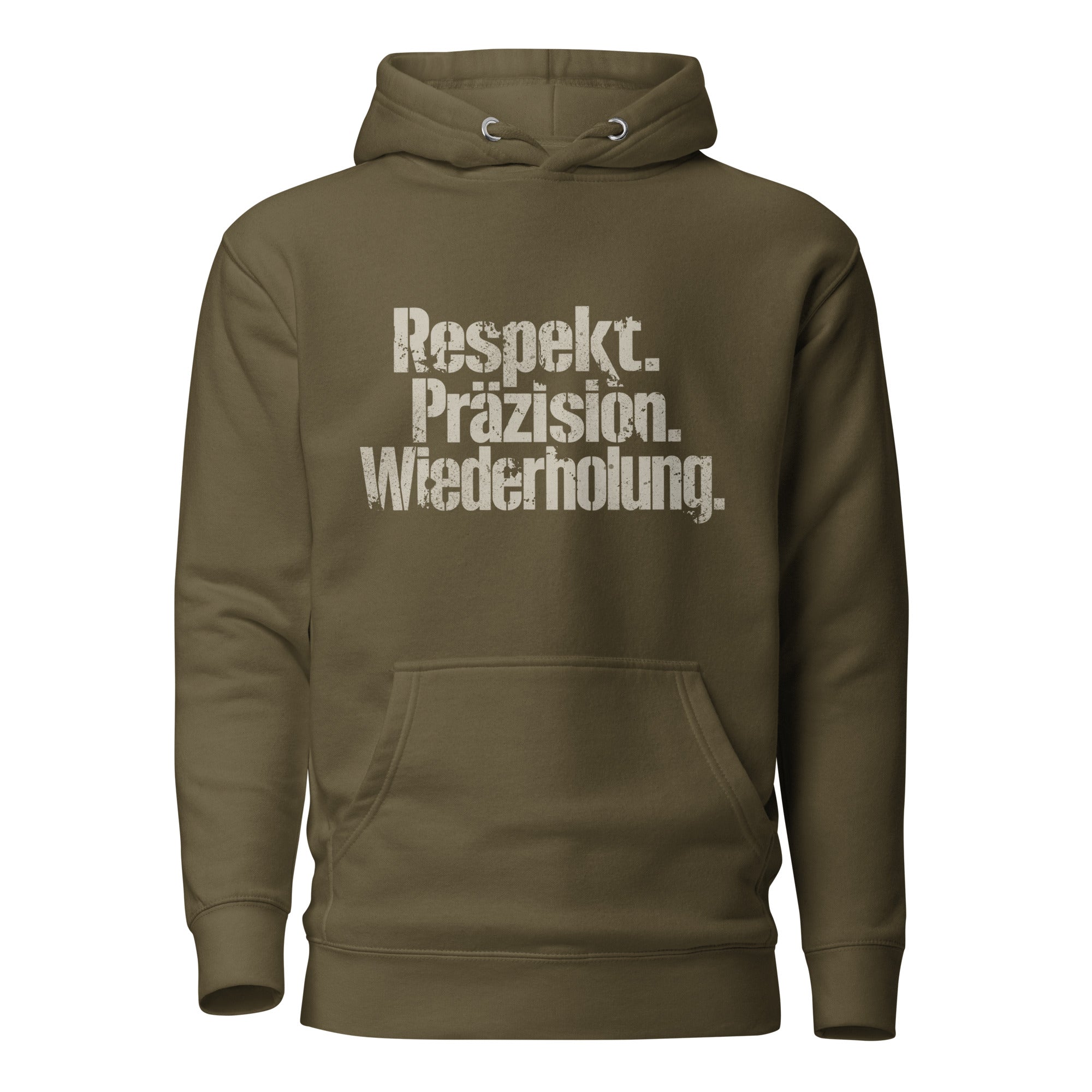 Koch-Hoodie Respekt. Präzision. Wiederholung. in Militärgrün, Vorderansicht