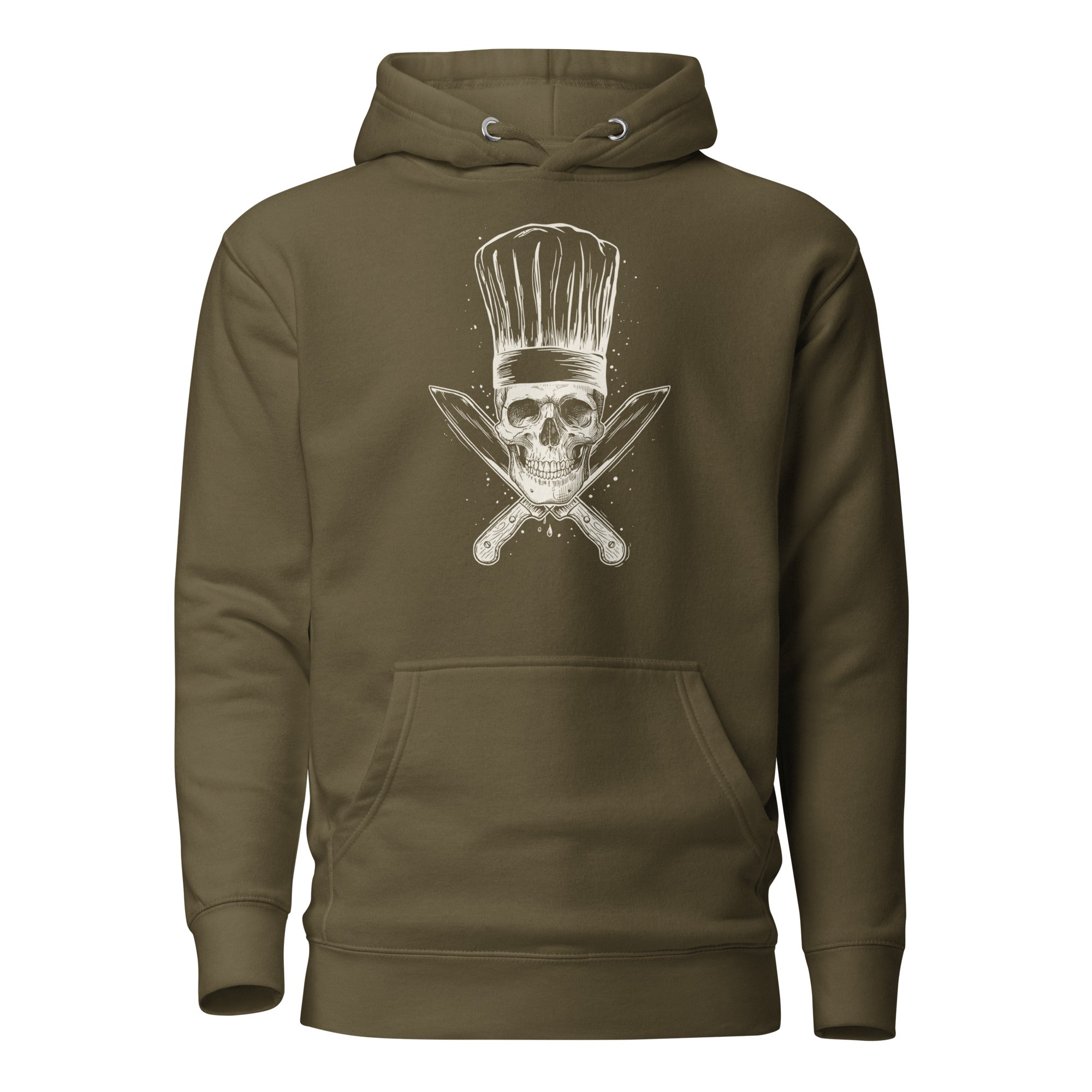 Koch-Hoodie Küchen-Totenkopf in Militärgrün, Vorderansicht