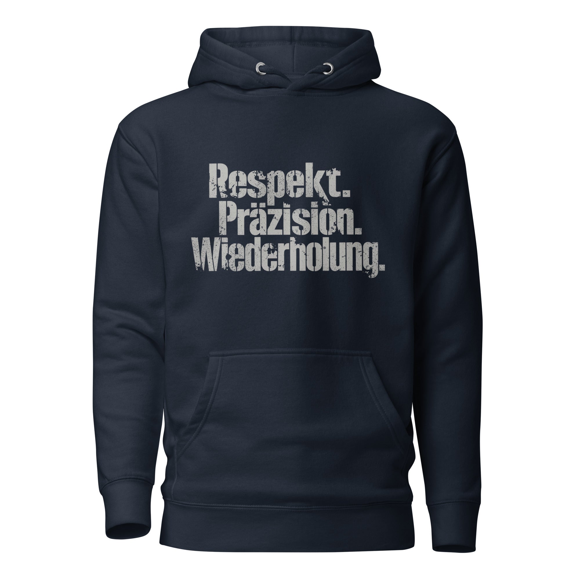 Koch-Hoodie Respekt. Präzision. Wiederholung. in Navy Blazer, Vorderansicht