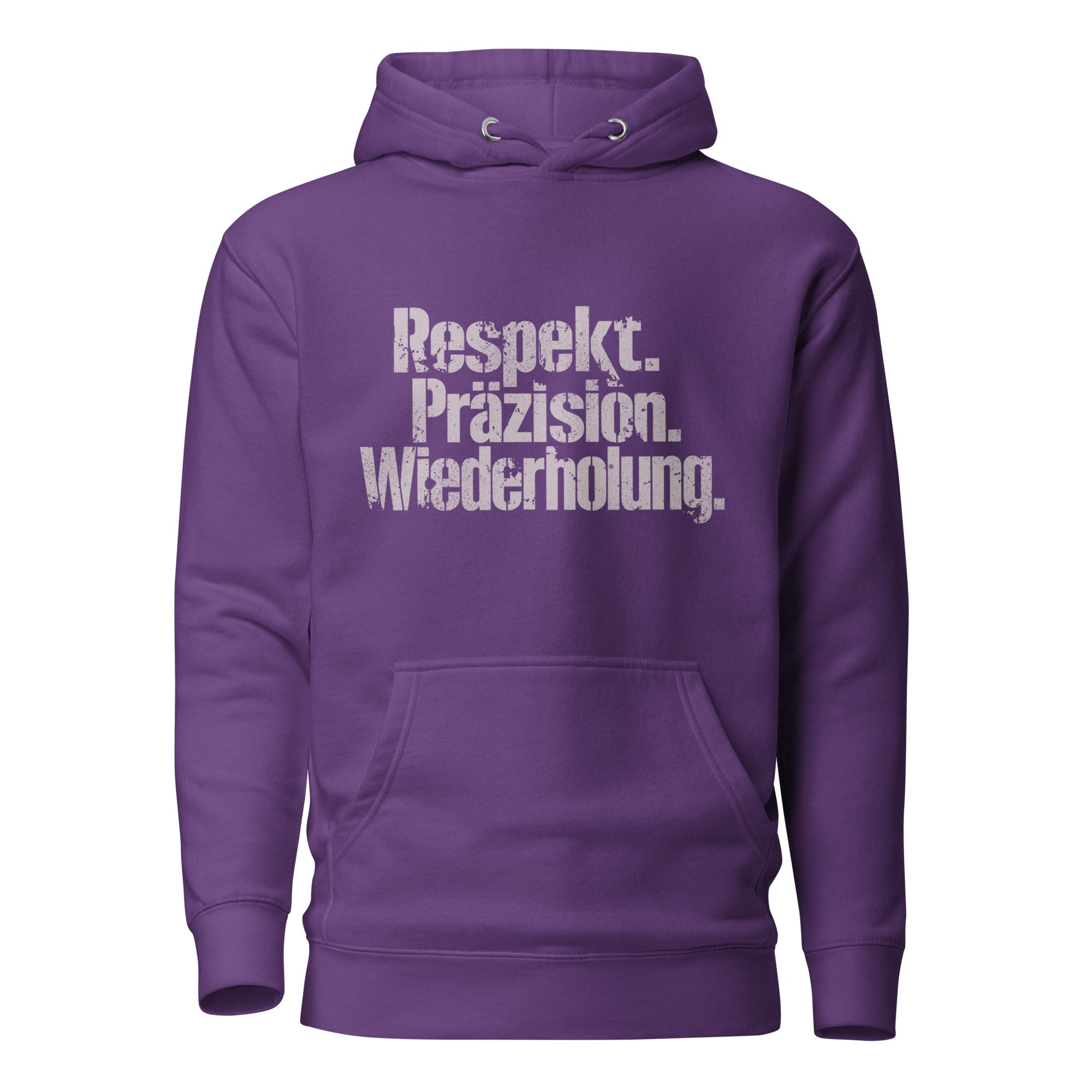 Koch-Hoodie Respekt. Präzision. Wiederholung. in Lila, Vorderansicht