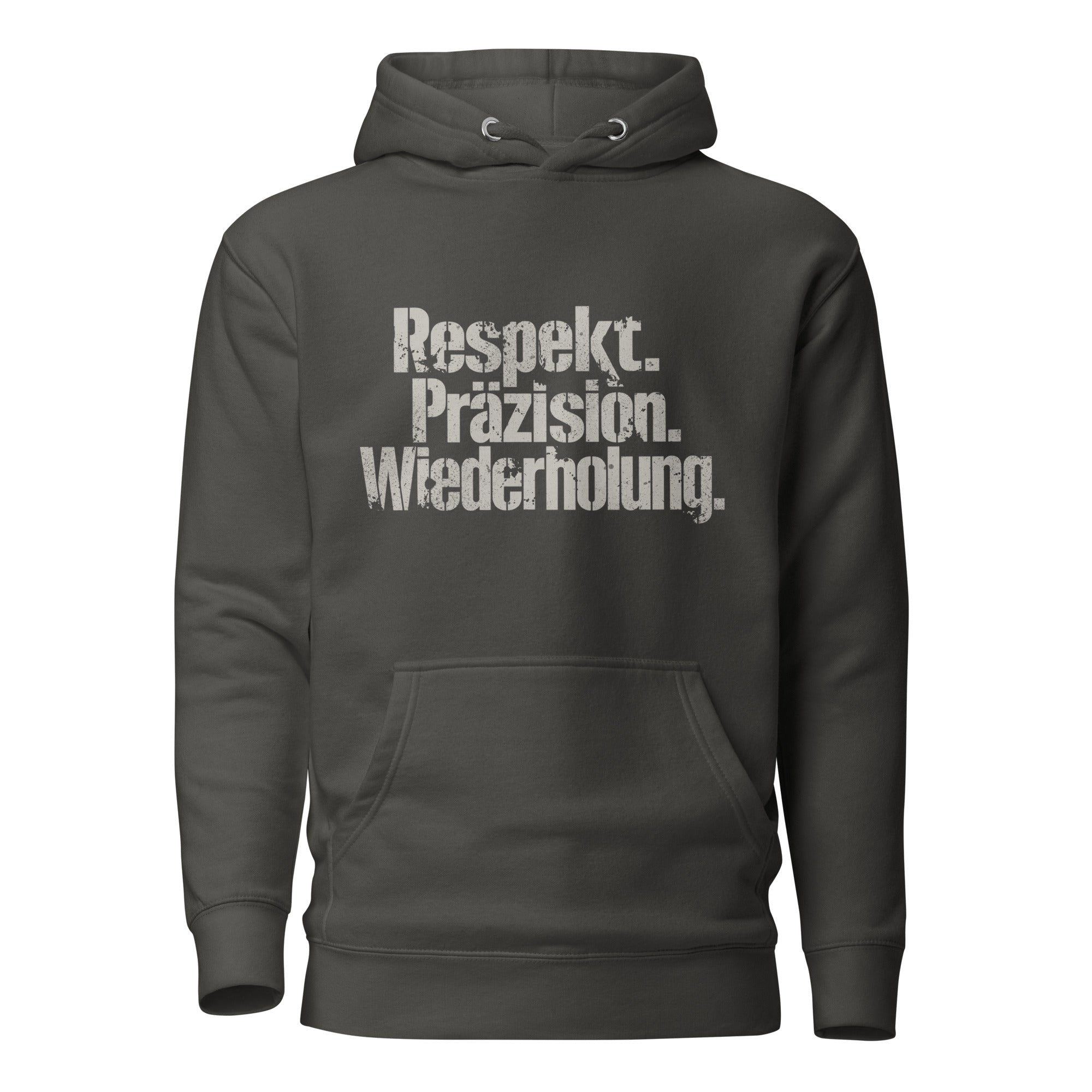 Koch-Hoodie Respekt. Präzision. Wiederholung. in Vintage Schwarz, Vorderansicht